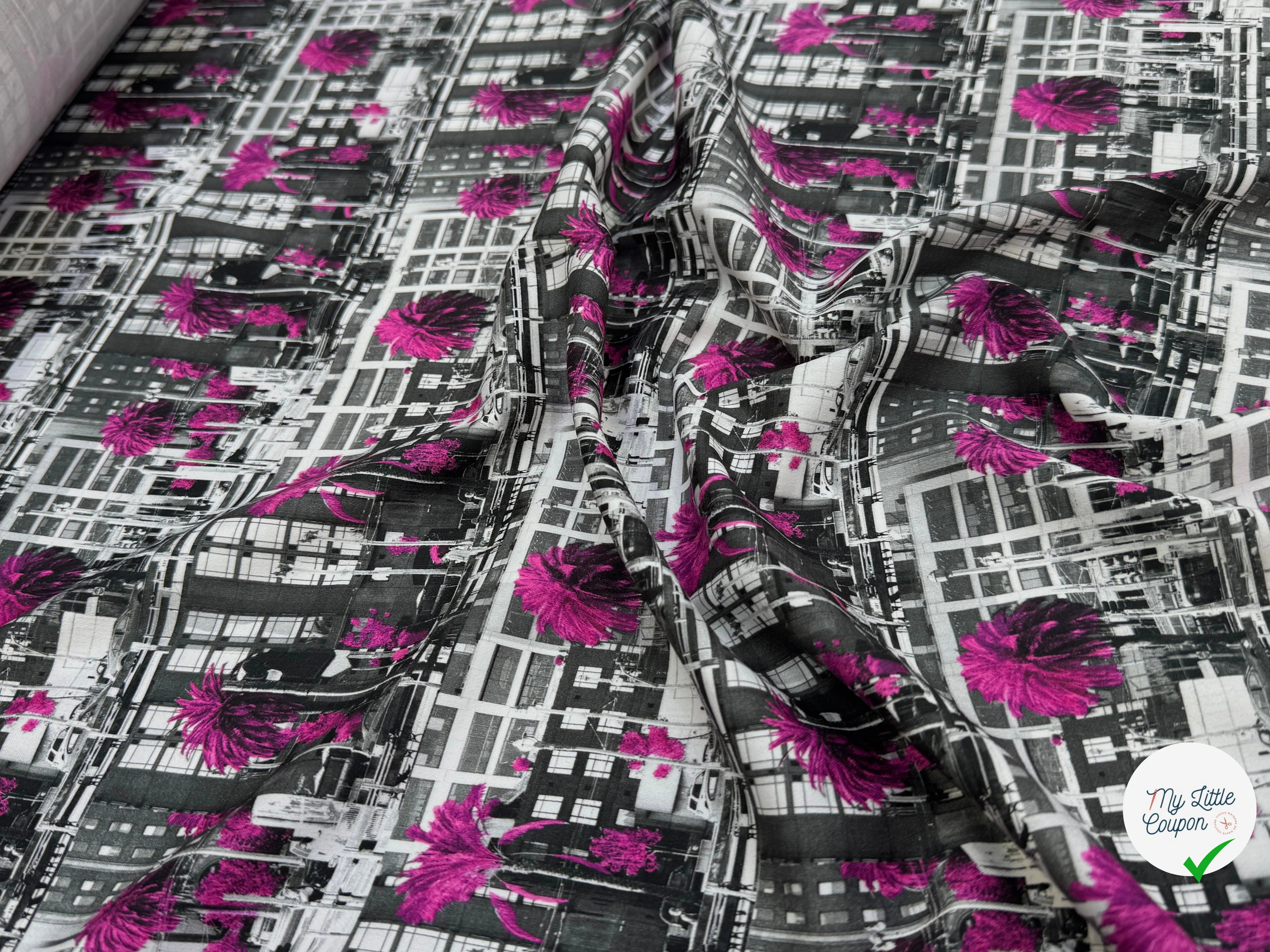 TOILE DE COTON NOBILEST STRETCH IMPRIMÉ GRAPHIQUE PALMIER ROSE - My Little Coupon