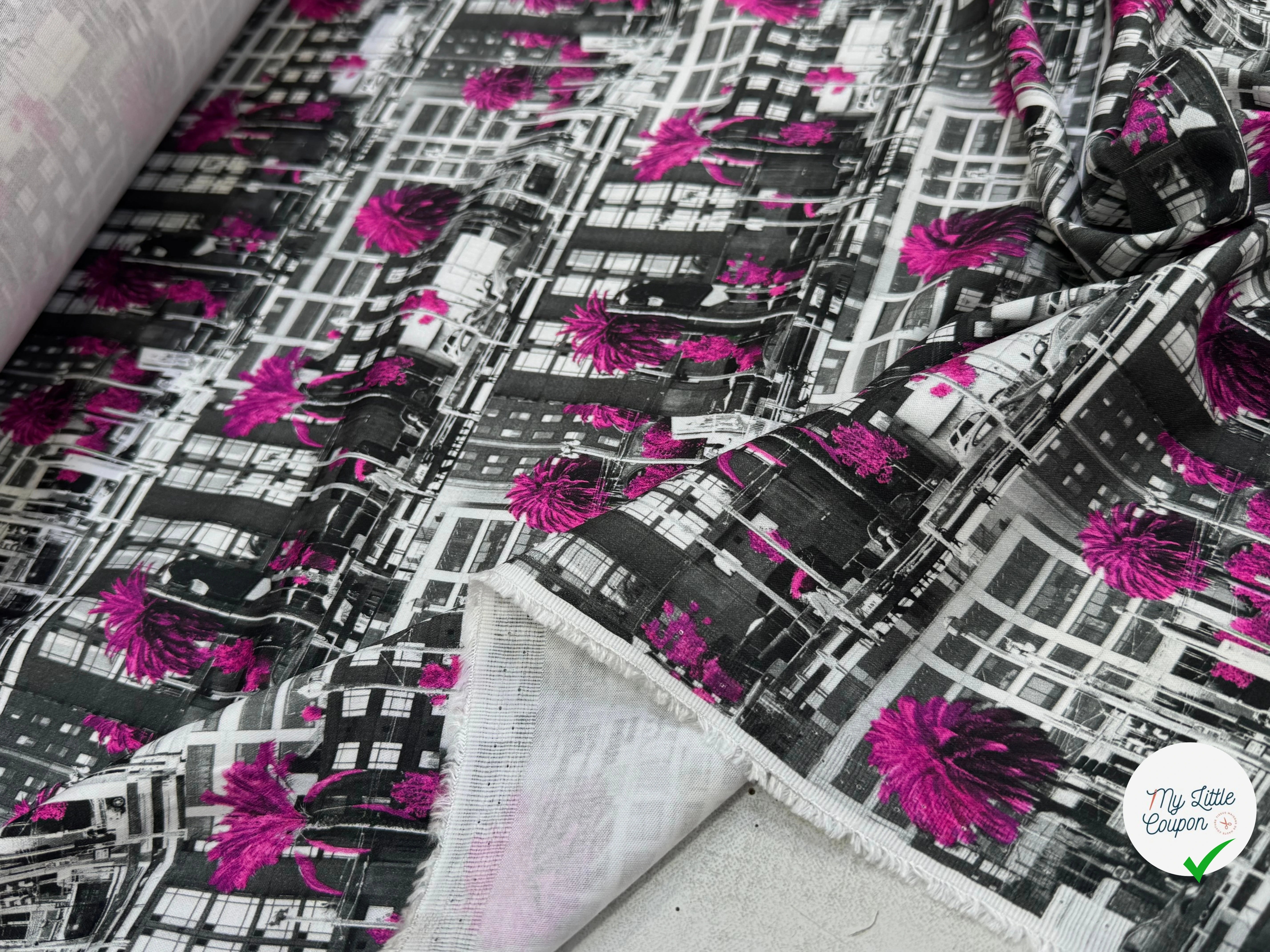 TOILE DE COTON NOBILEST STRETCH IMPRIMÉ GRAPHIQUE PALMIER ROSE - My Little Coupon