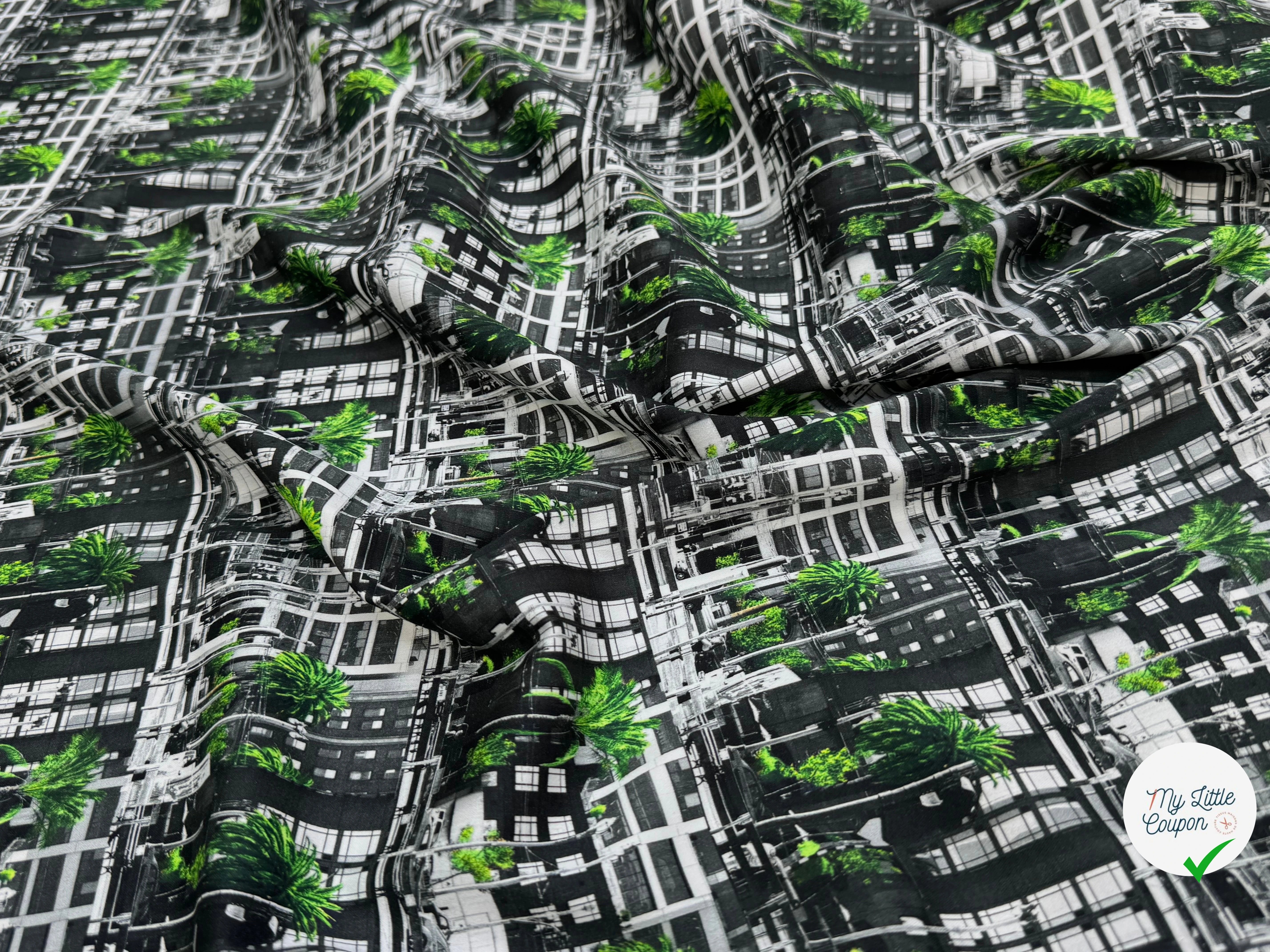 TOILE DE COTON NOBILEST STRETCH IMPRIMÉ GRAPHIQUE PALMIER VERT - My Little Coupon