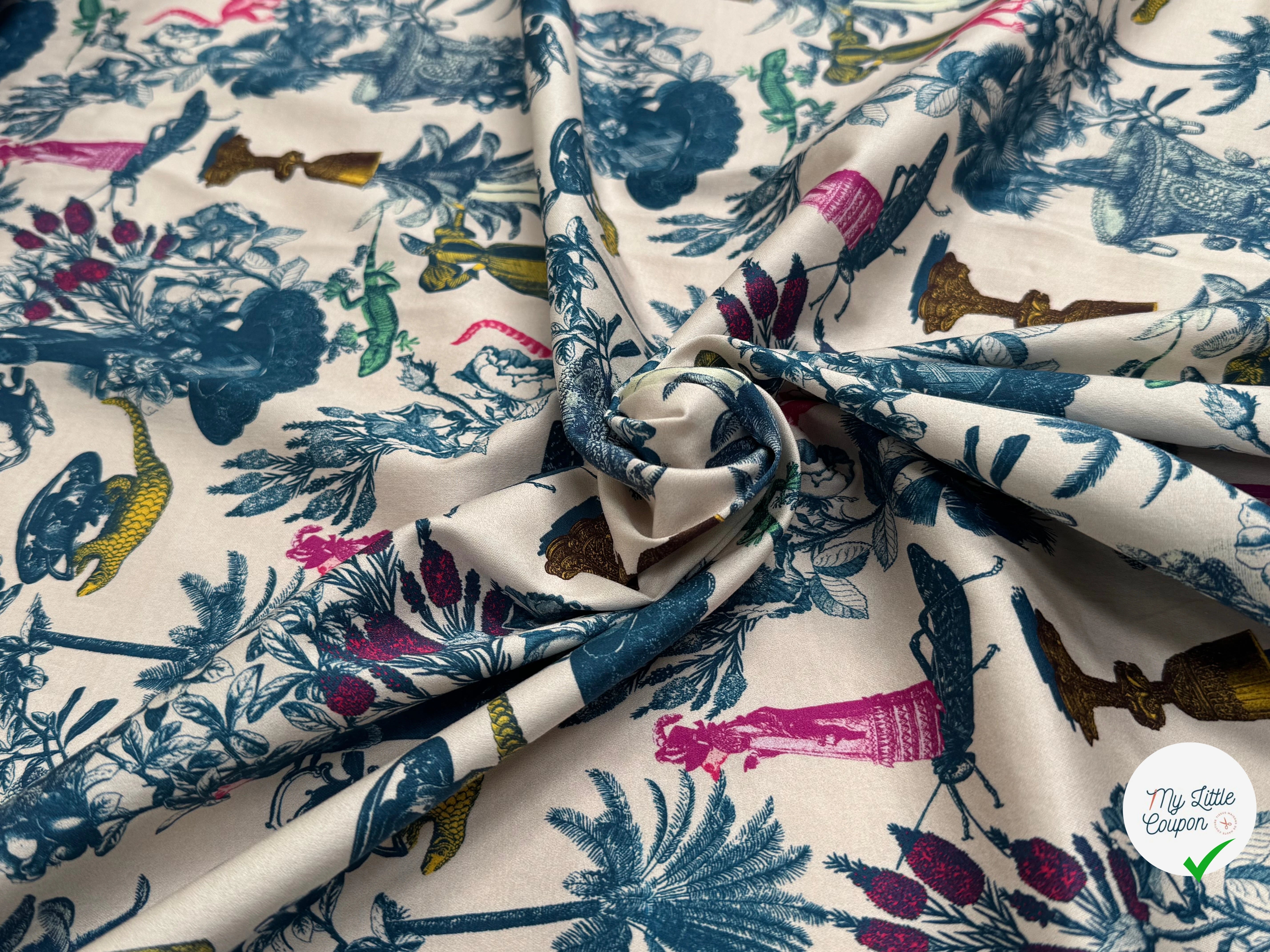 TOILE DE COTON STRETCH IMPRIMÉ TOILE DE JOUY BLEU CHUPITO TEATIME BLEU - My Little Coupon