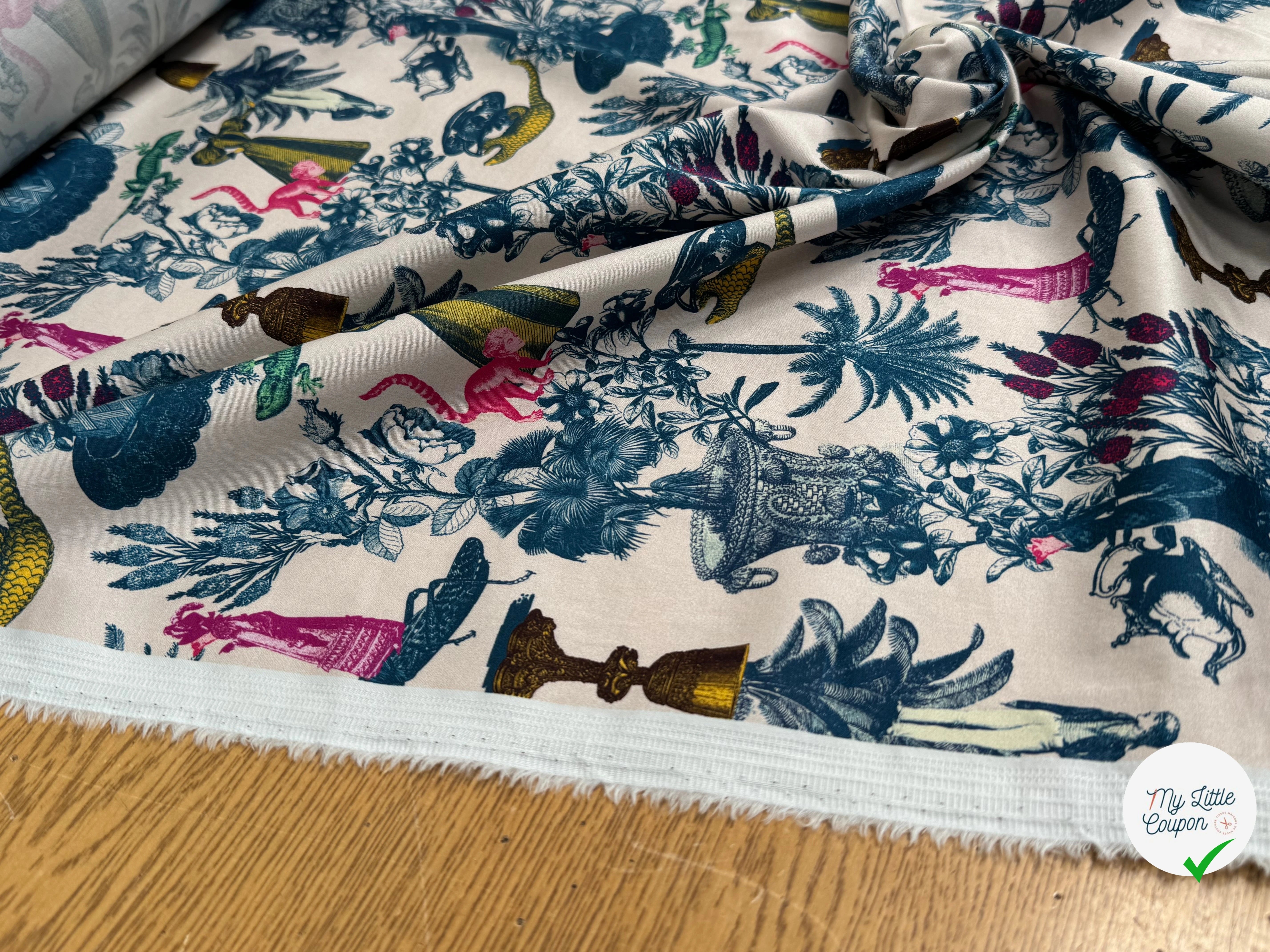 TOILE DE COTON STRETCH IMPRIMÉ TOILE DE JOUY BLEU CHUPITO TEATIME BLEU - My Little Coupon
