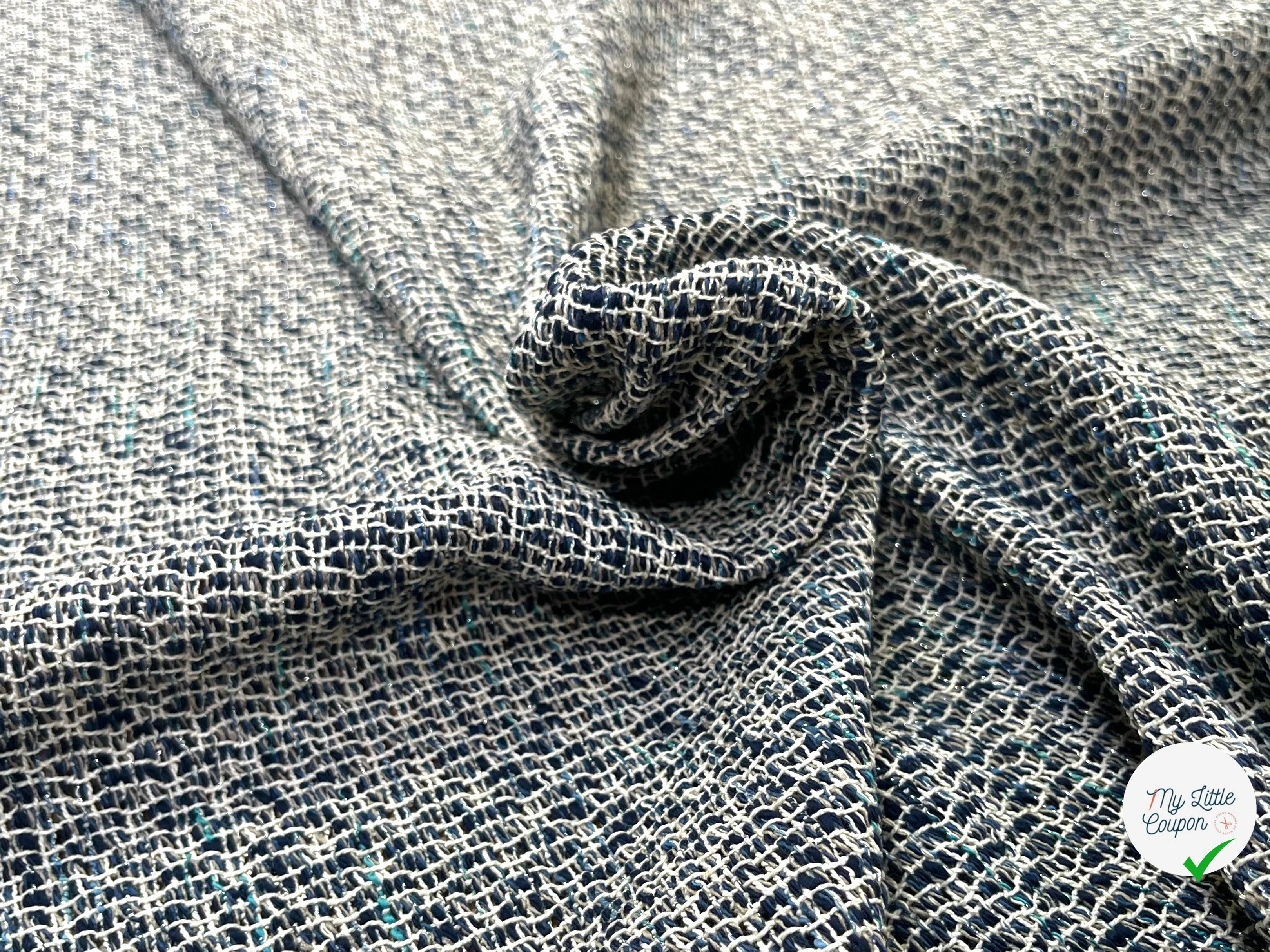 TWEED AVEC ARMATURE BLANCHE ET FOND BLEU MARINE ET BLEU CYAN - My Little Coupon
