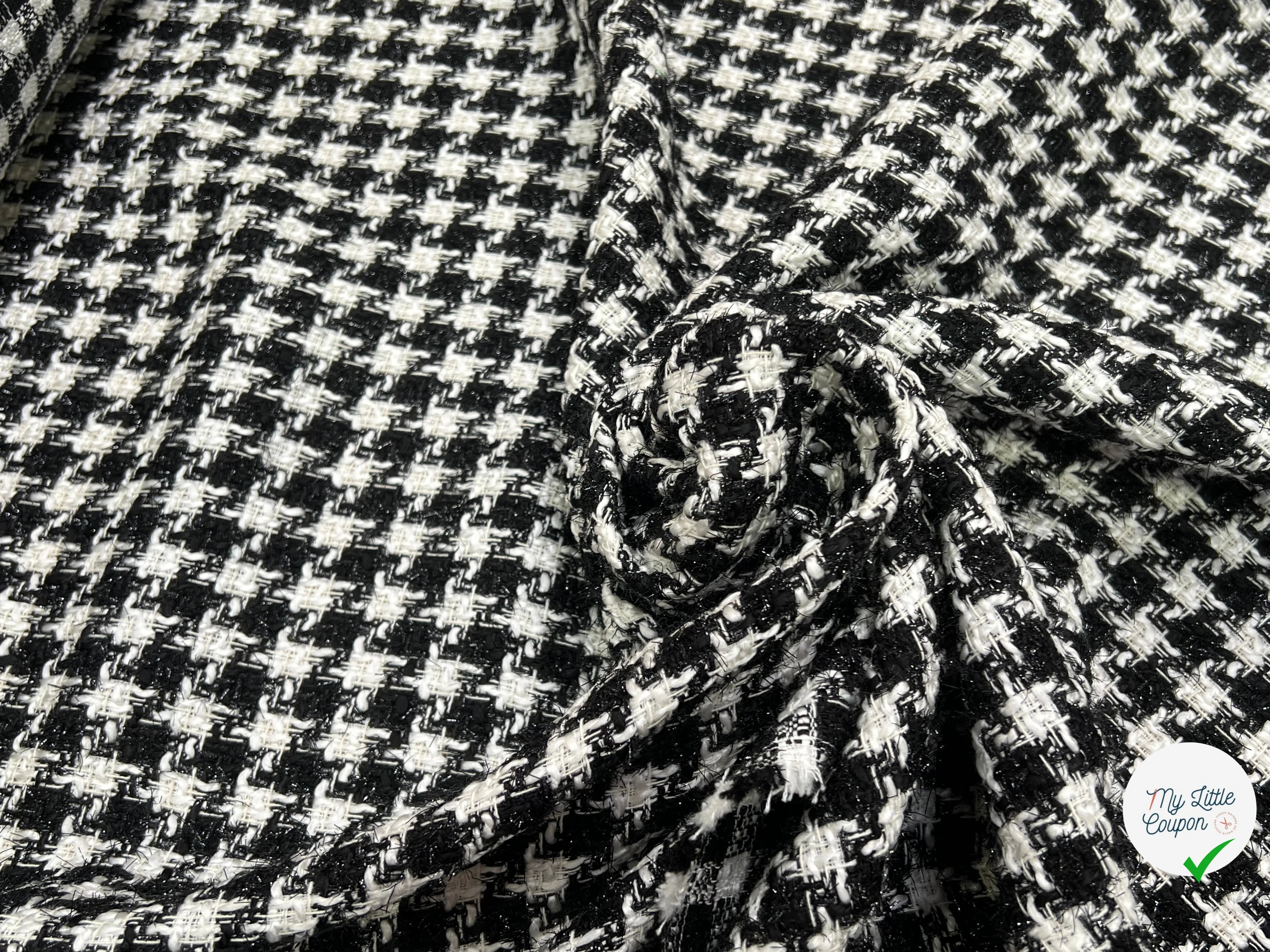 TWEED POLYCOTON ET VISCOSE PIED DE COQ BLANC NOIR 6% LUREX - My Little Coupon