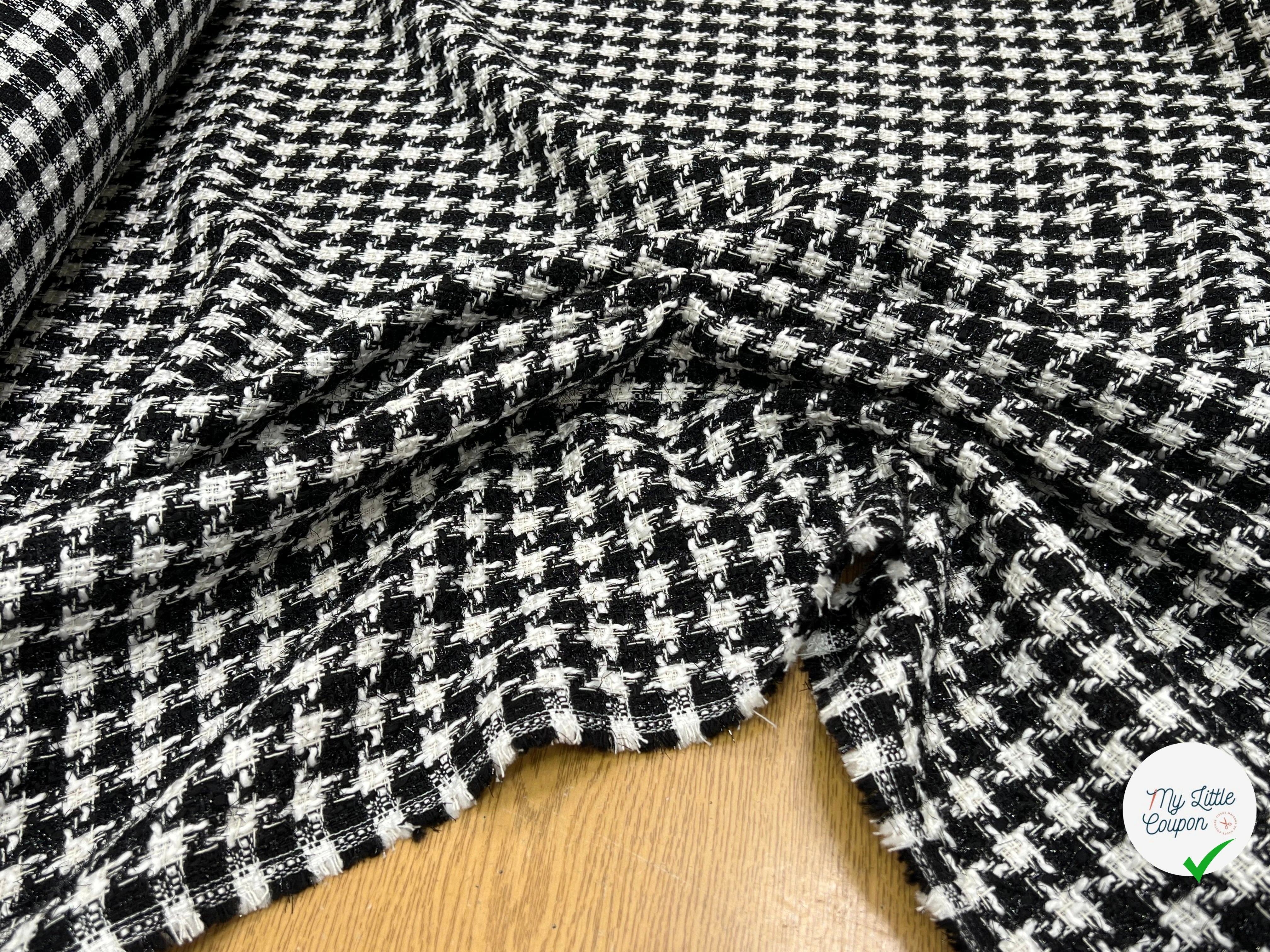 TWEED POLYCOTON ET VISCOSE PIED DE COQ BLANC NOIR 6% LUREX - My Little Coupon