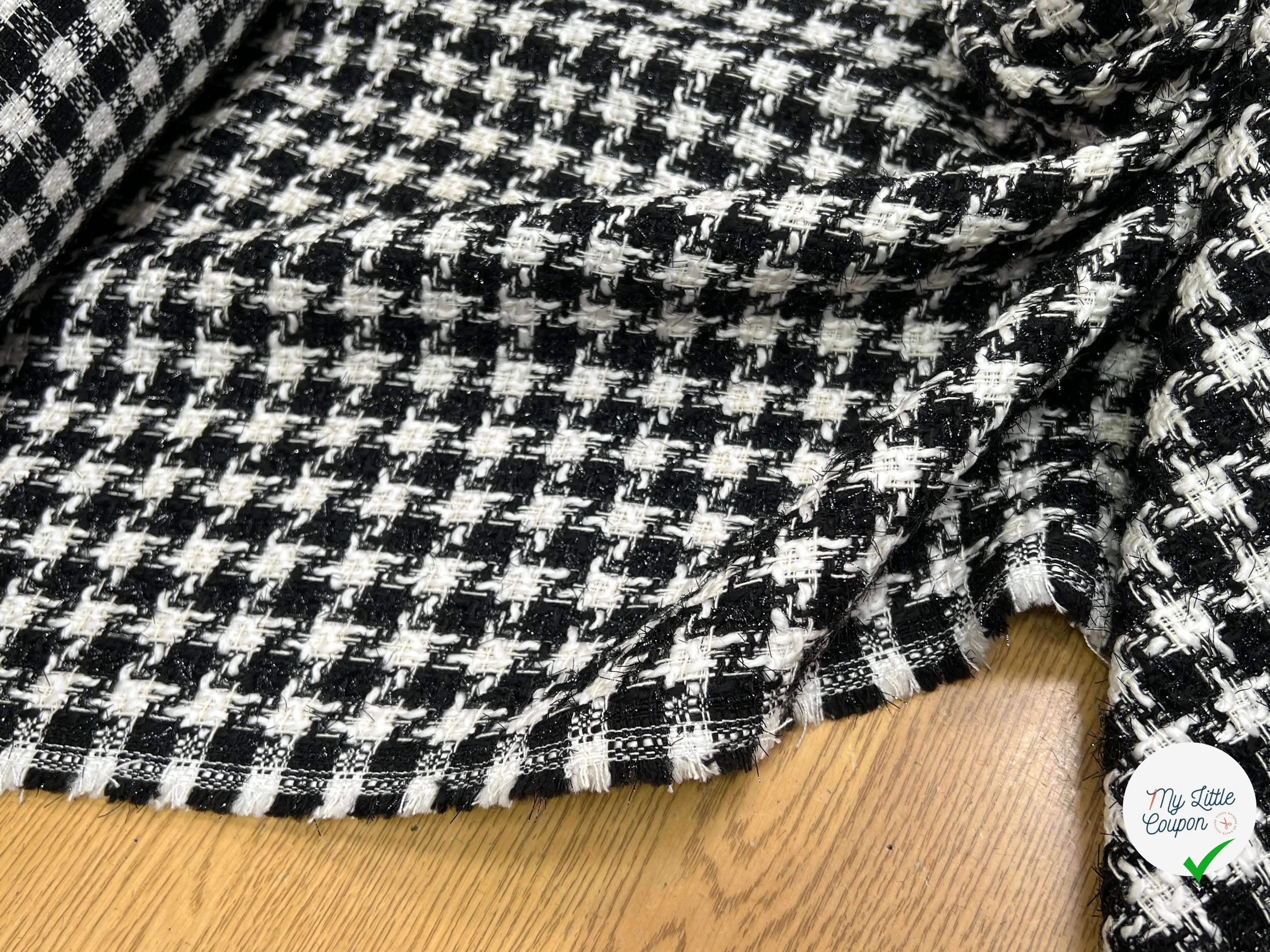 TWEED POLYCOTON ET VISCOSE PIED DE COQ BLANC NOIR 6% LUREX - My Little Coupon