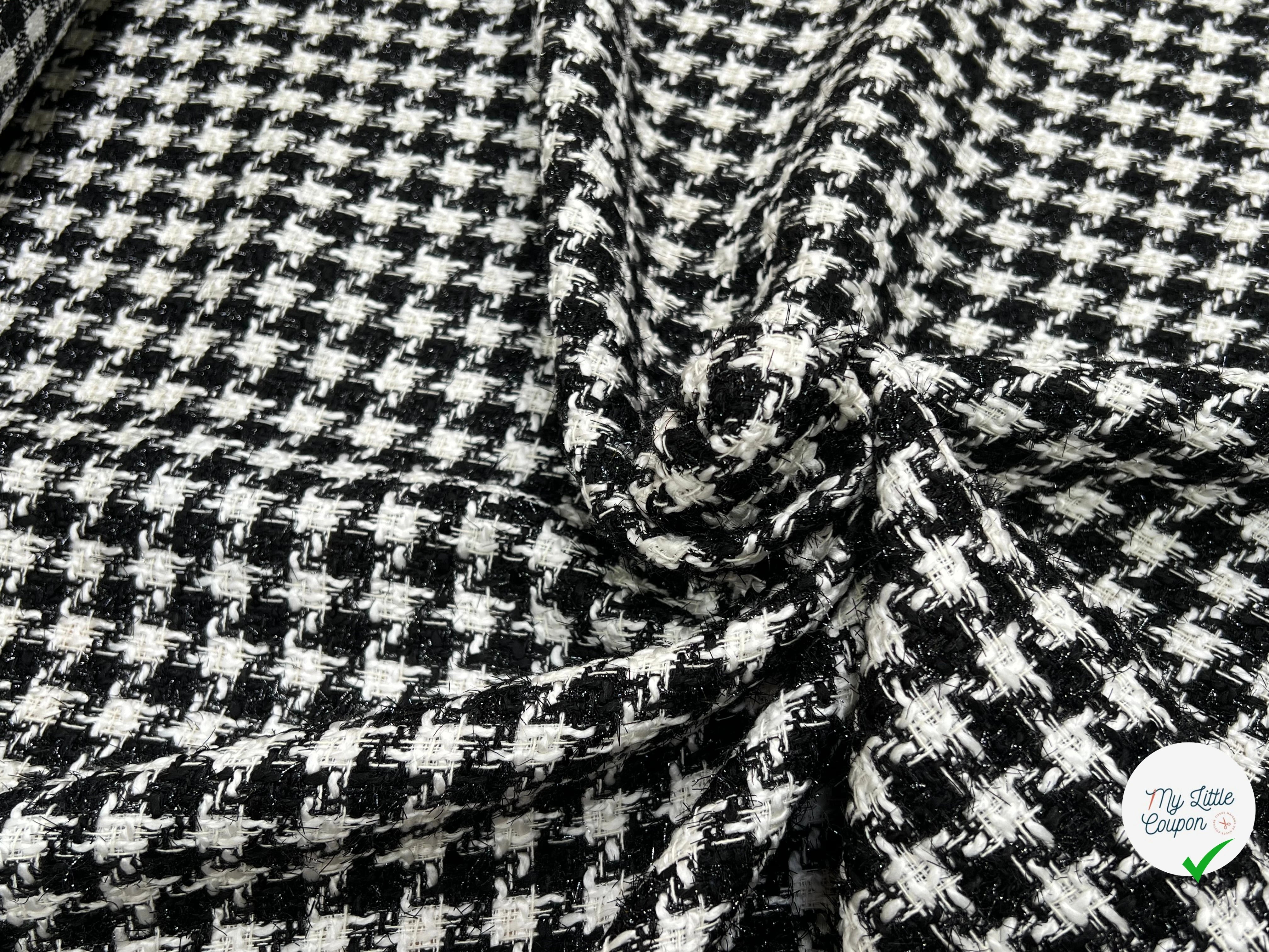 TWEED POLYCOTON ET VISCOSE PIED DE COQ BLANC NOIR 6% LUREX - My Little Coupon