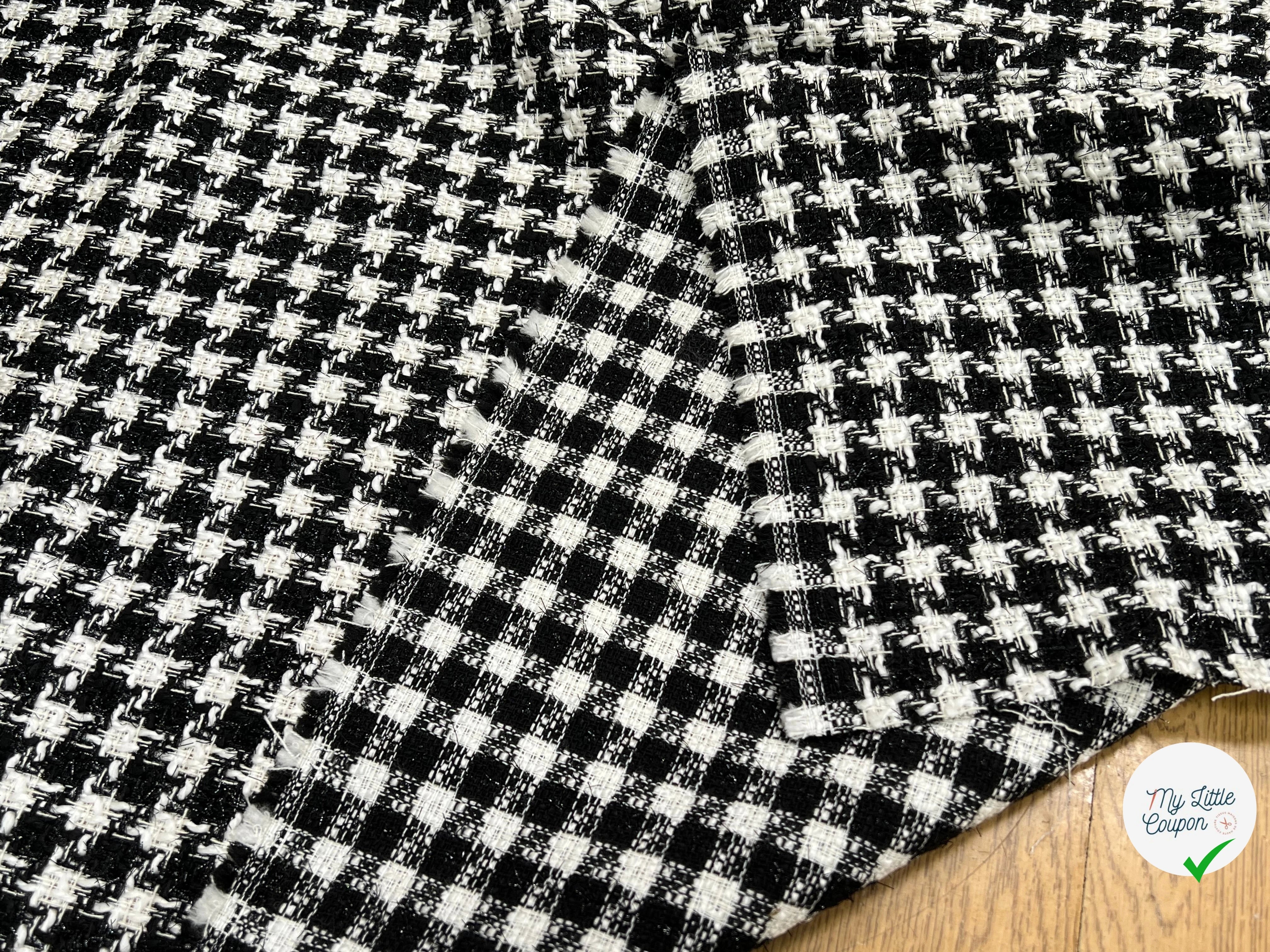 TWEED POLYCOTON ET VISCOSE PIED DE COQ BLANC NOIR 6% LUREX - My Little Coupon