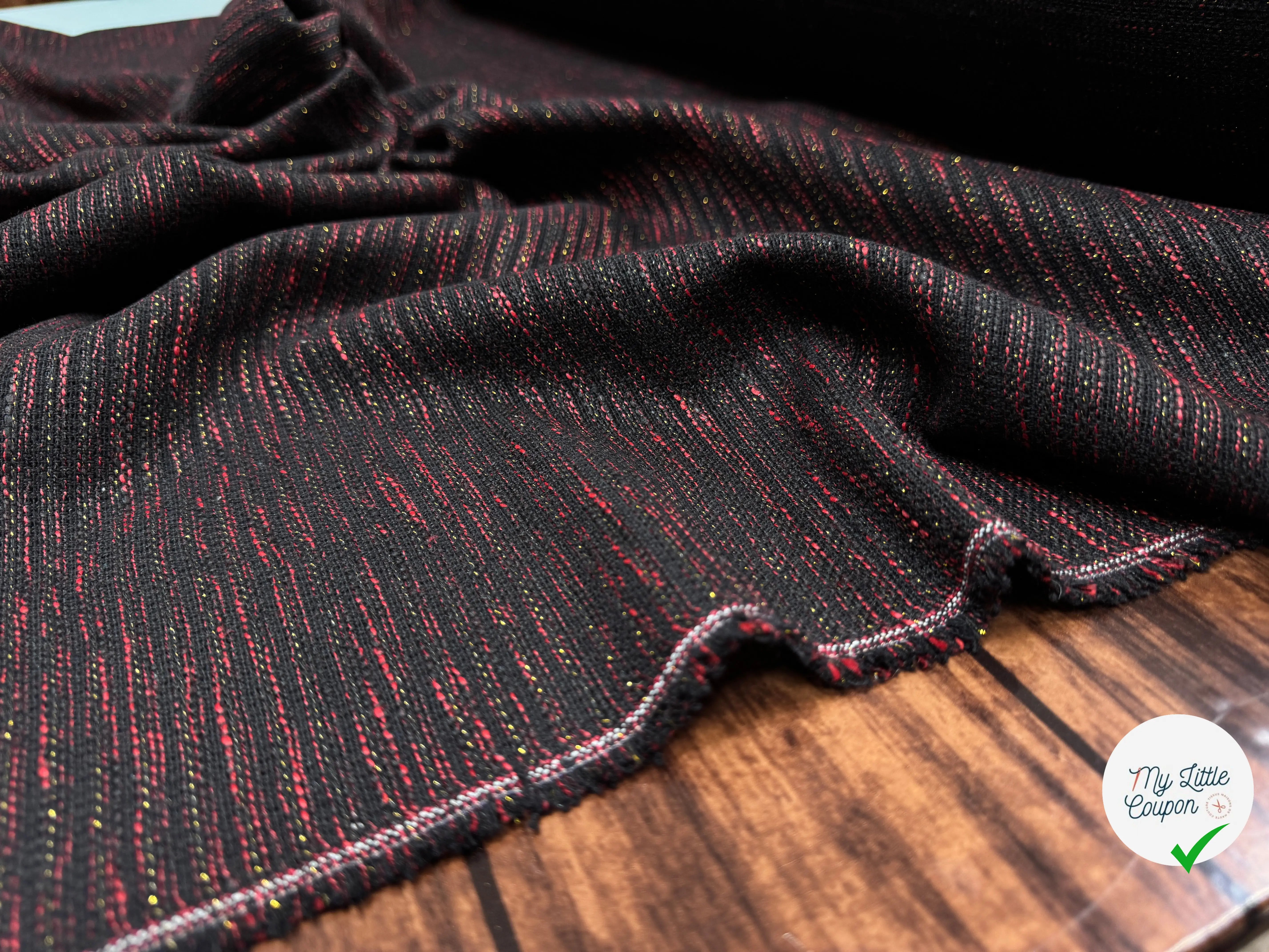 TWEED POLYESTER NOIR ROUGE ET DORÉ - My Little Coupon