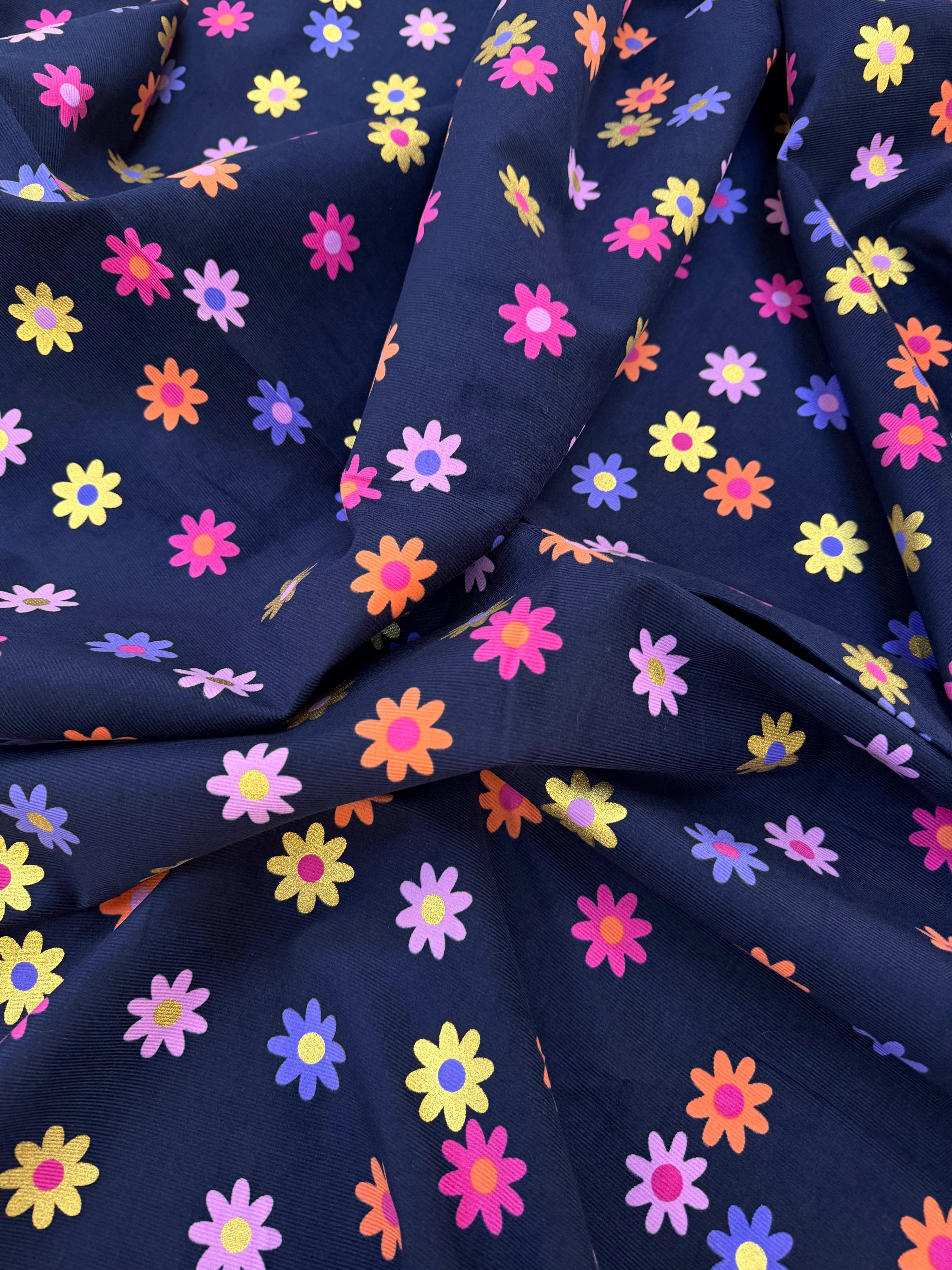 VELOURS BABYCORD FLOWERS – NAVY MULTI - My Little Coupon