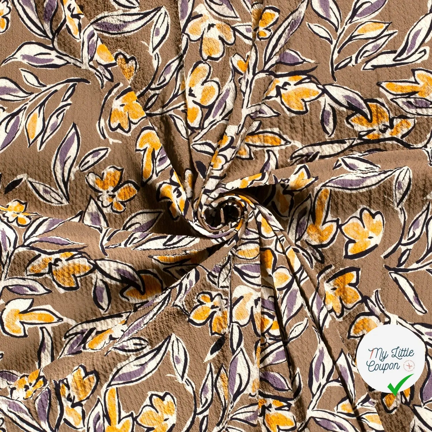 VISCOSE BUBBLE TISSU IMPRIMÉ FEUILLES MARRON TAUPE - My Little Coupon