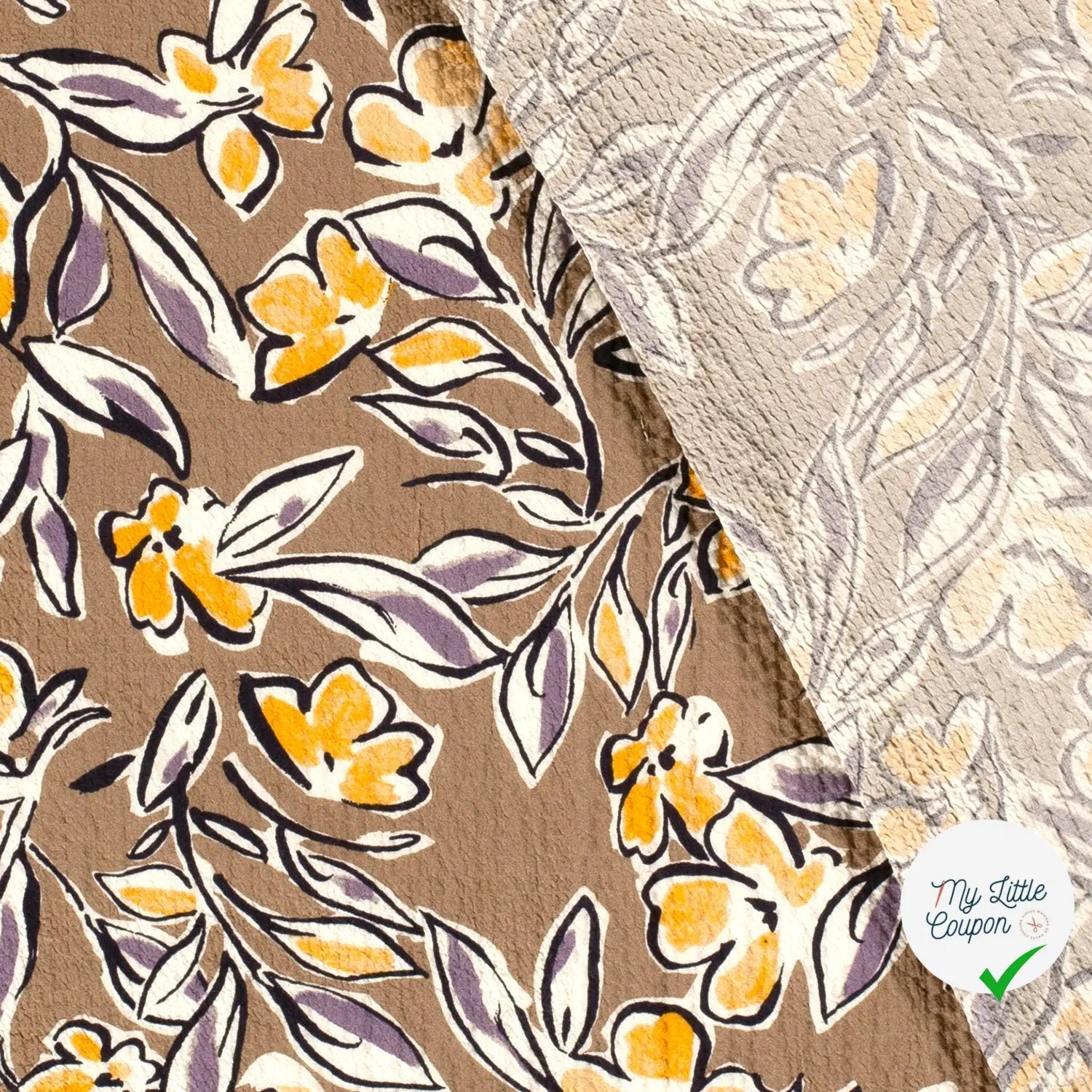 VISCOSE BUBBLE TISSU IMPRIMÉ FEUILLES MARRON TAUPE - My Little Coupon