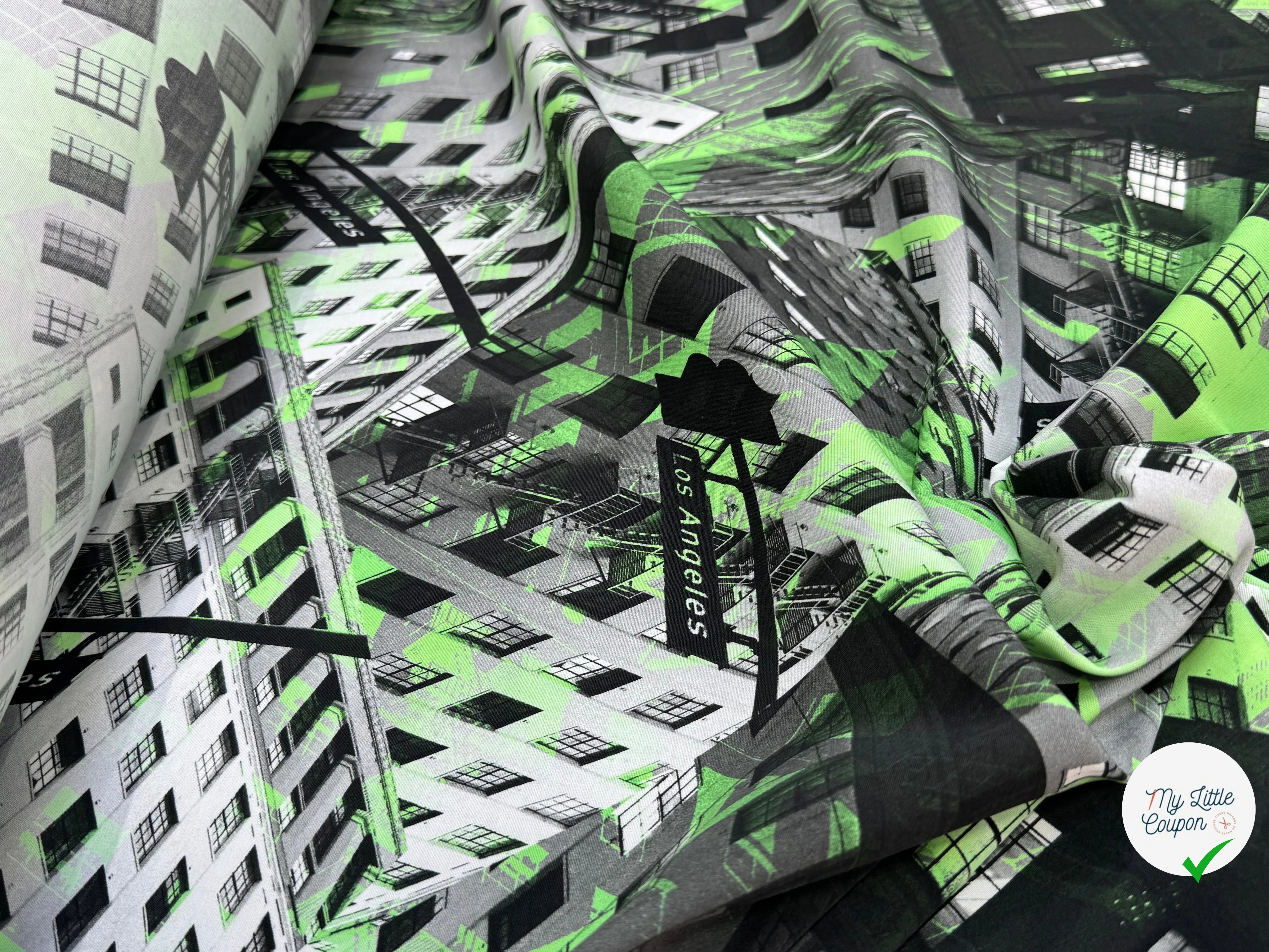 VISCOSE CALIPSO STRETCH IMPRIMÉ GRAPGIQUE TANGO BULDING VERT - My Little Coupon
