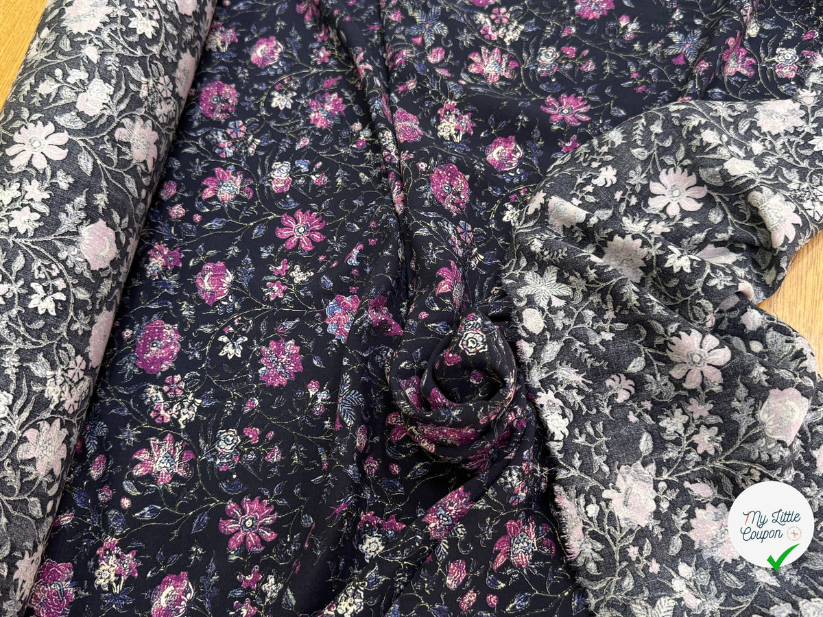 VISCOSE DOUCE ET FLUIDE FOND NUIT FLORAUX VIOLET - My Little Coupon