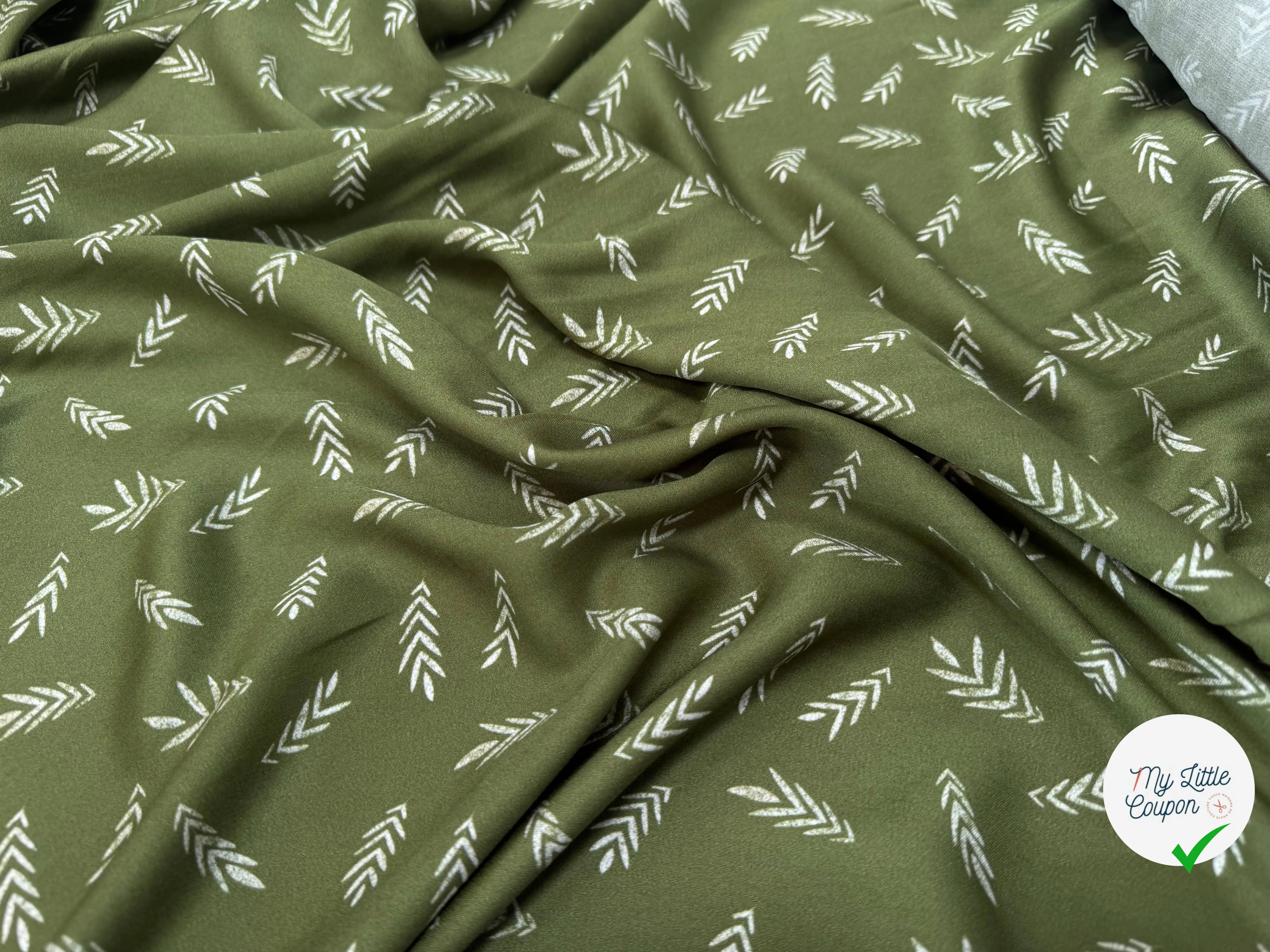 VISCOSE DOUCE TRES LEGEREMENT SATINEE MOTIF FEUILLAGES KAKI - My Little Coupon
