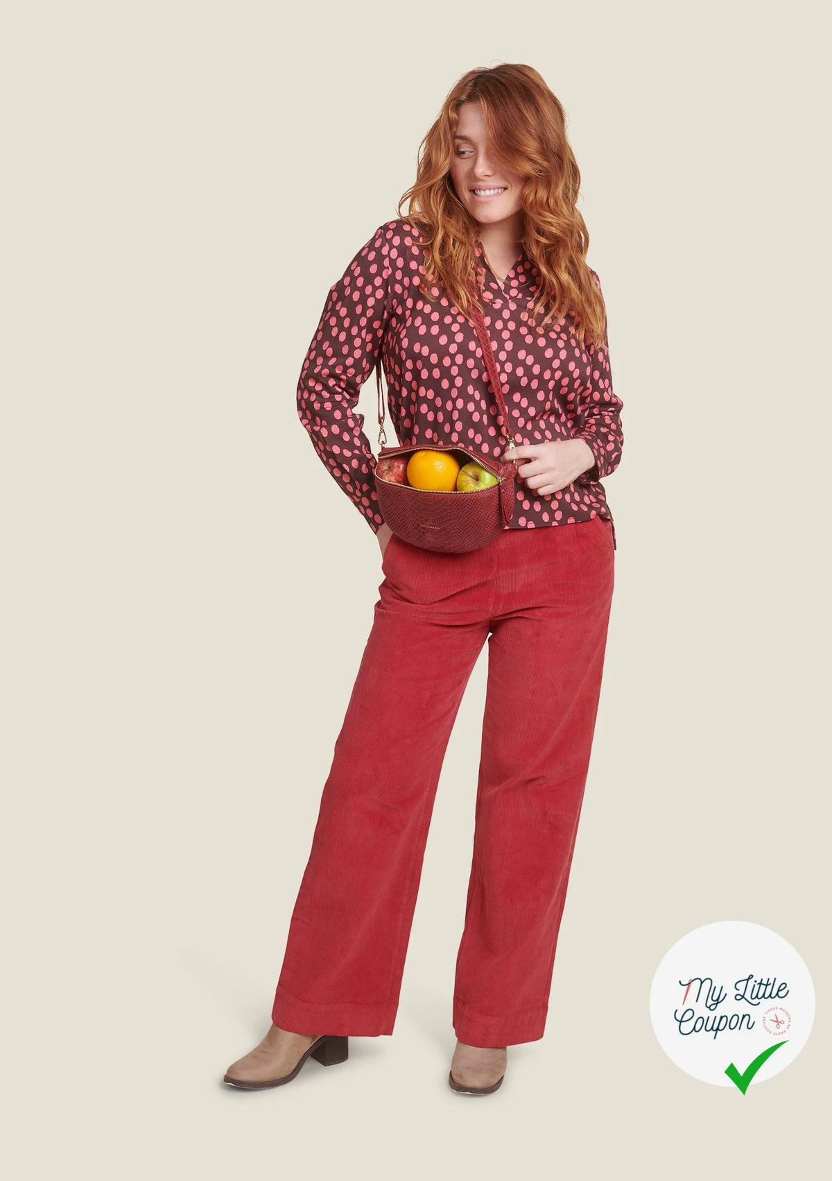 VISCOSE ÉLASTHANNE IMPRIMÉ POIS ROSES FOND MARRON - My Little Coupon