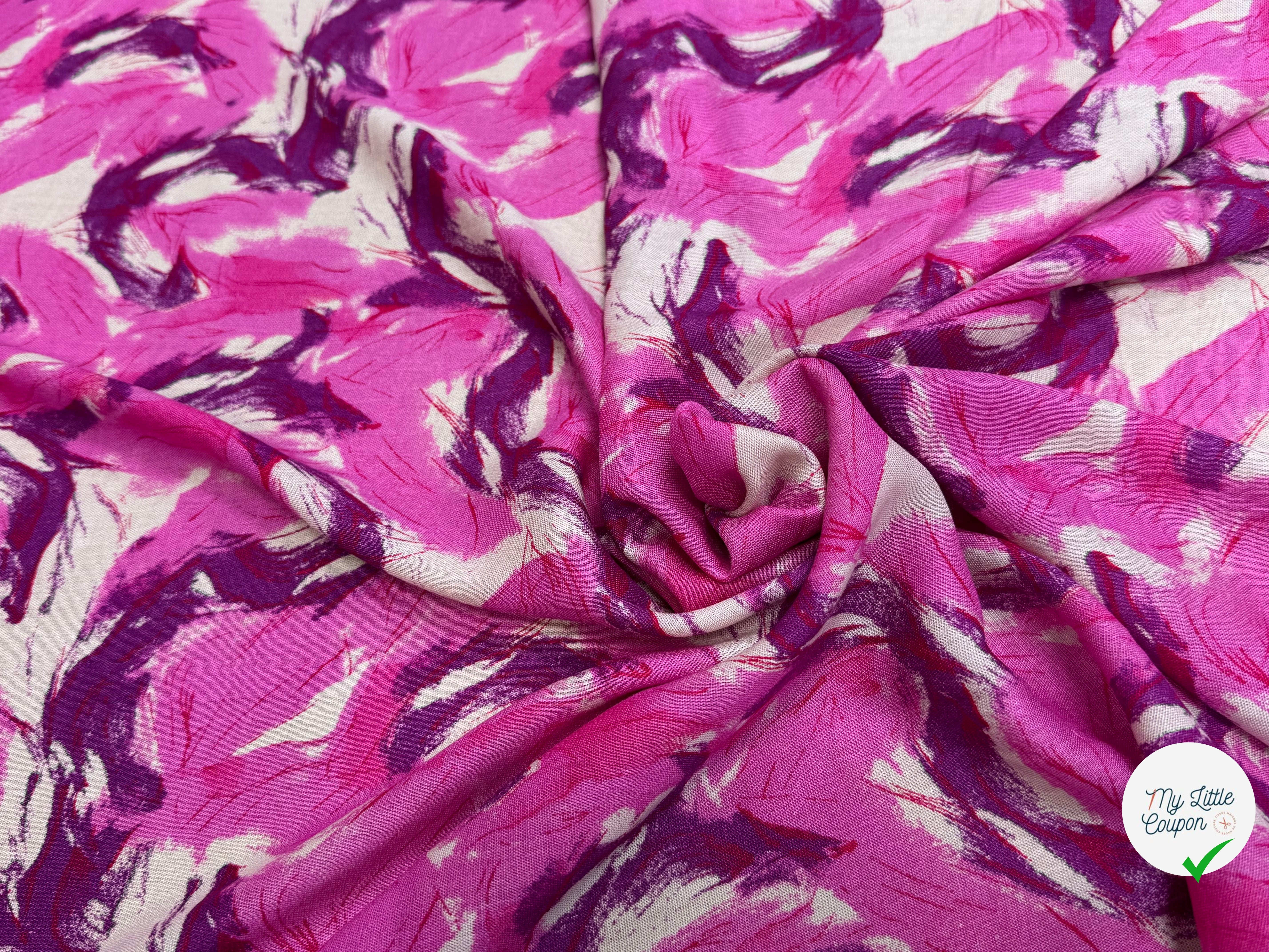 VISCOSE FLUIDE FOND BEIGE IMPRIMÉE TOURBILLON ROSE VIOLET - My Little Coupon