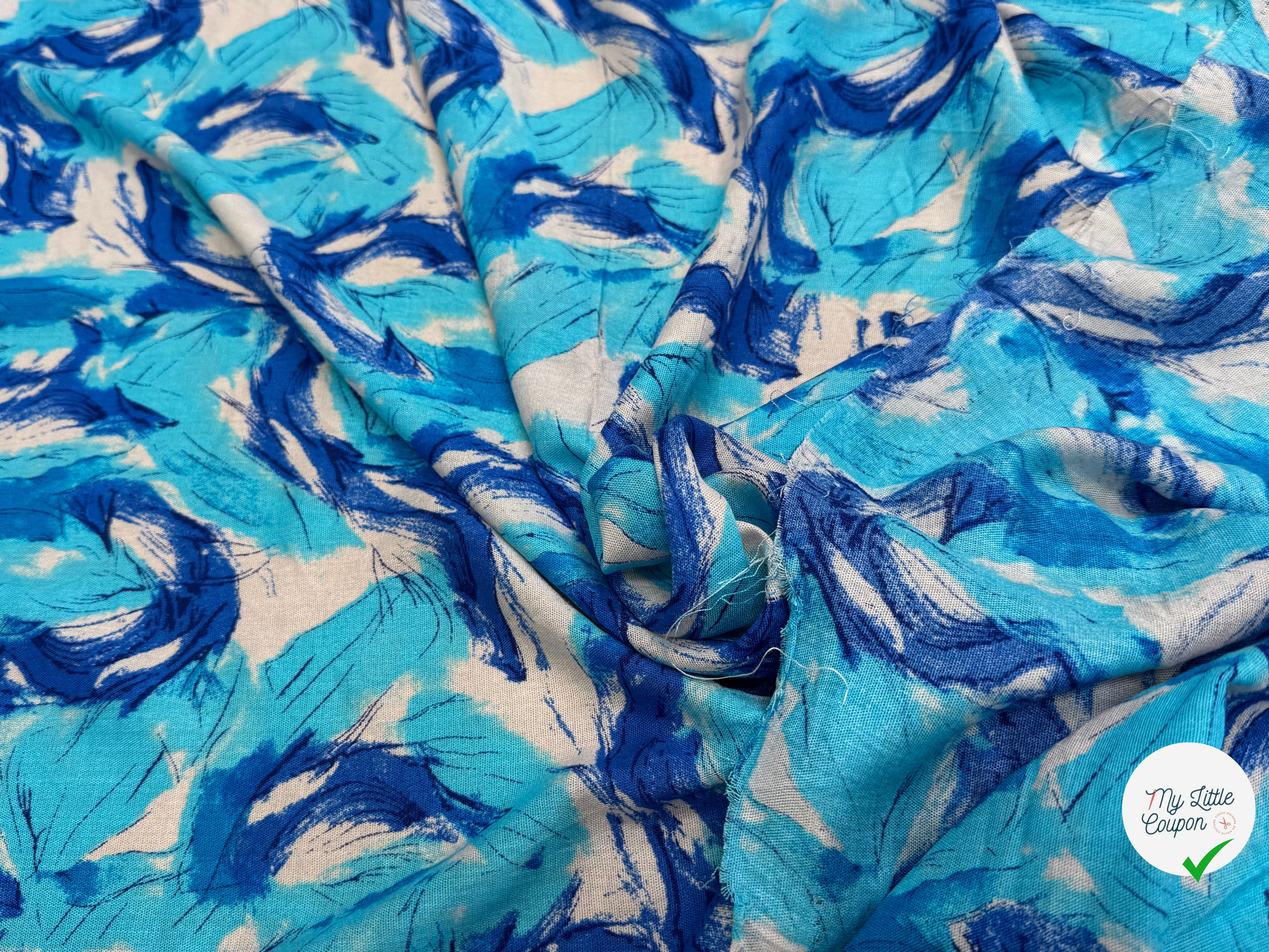 VISCOSE FLUIDE FOND BLANC IMPRIMÉE TOURBILLON ROI TURQUOISE - My Little Coupon
