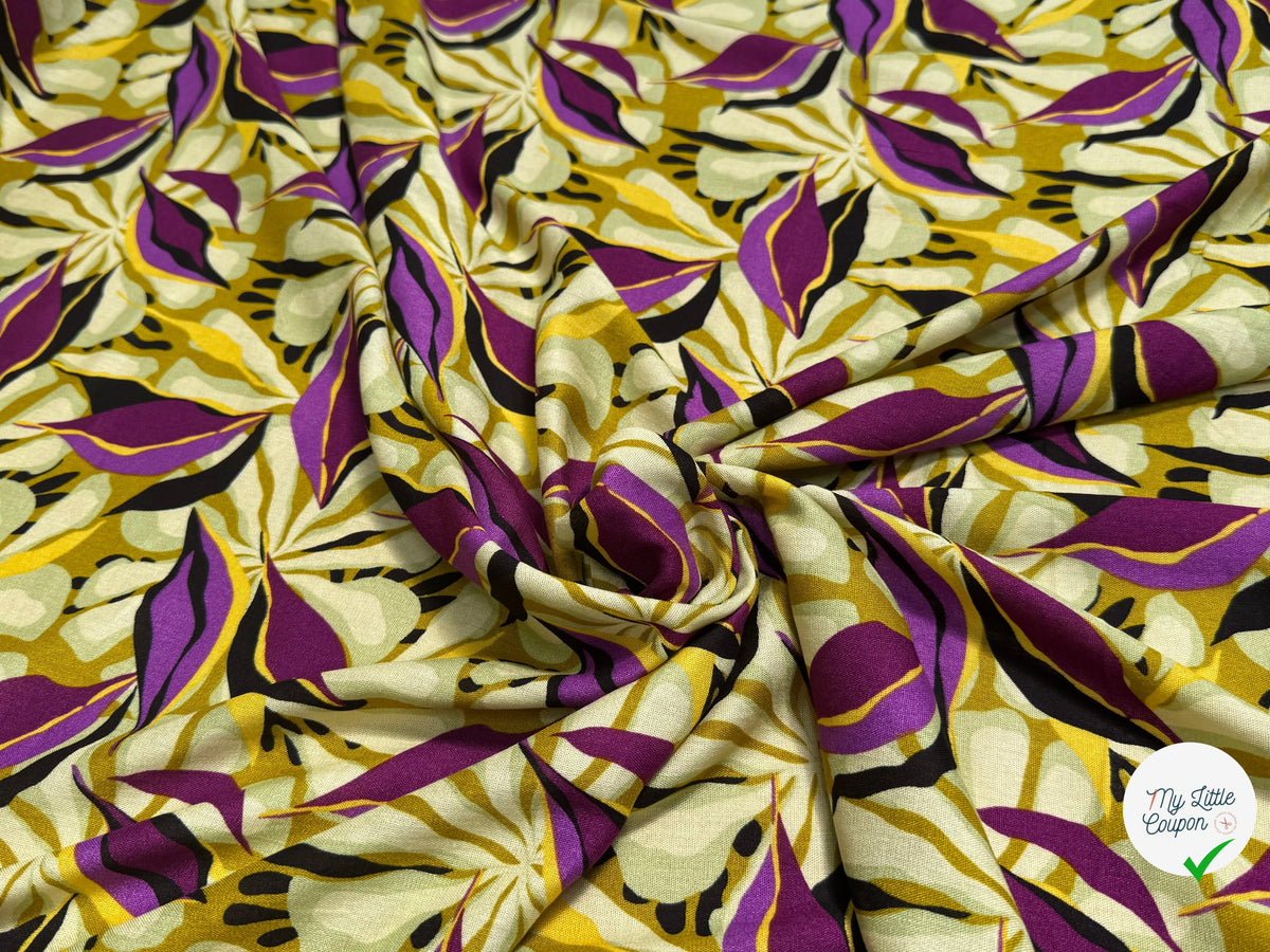 VISCOSE FLUIDE MOTIFS FEUILLAGES VIOLET NOIR - My Little Coupon