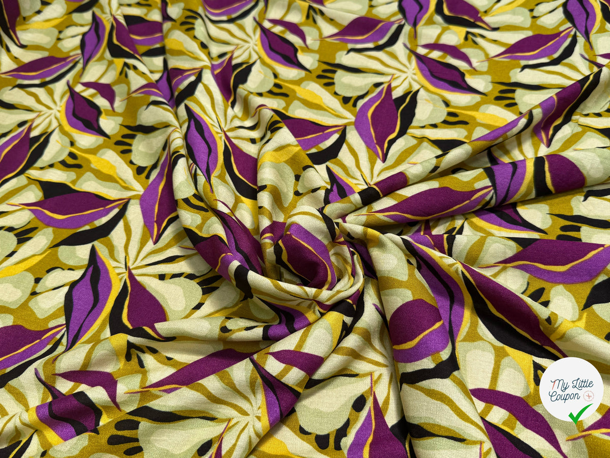 VISCOSE FLUIDE MOTIFS FEUILLAGES VIOLET NOIR - My Little Coupon