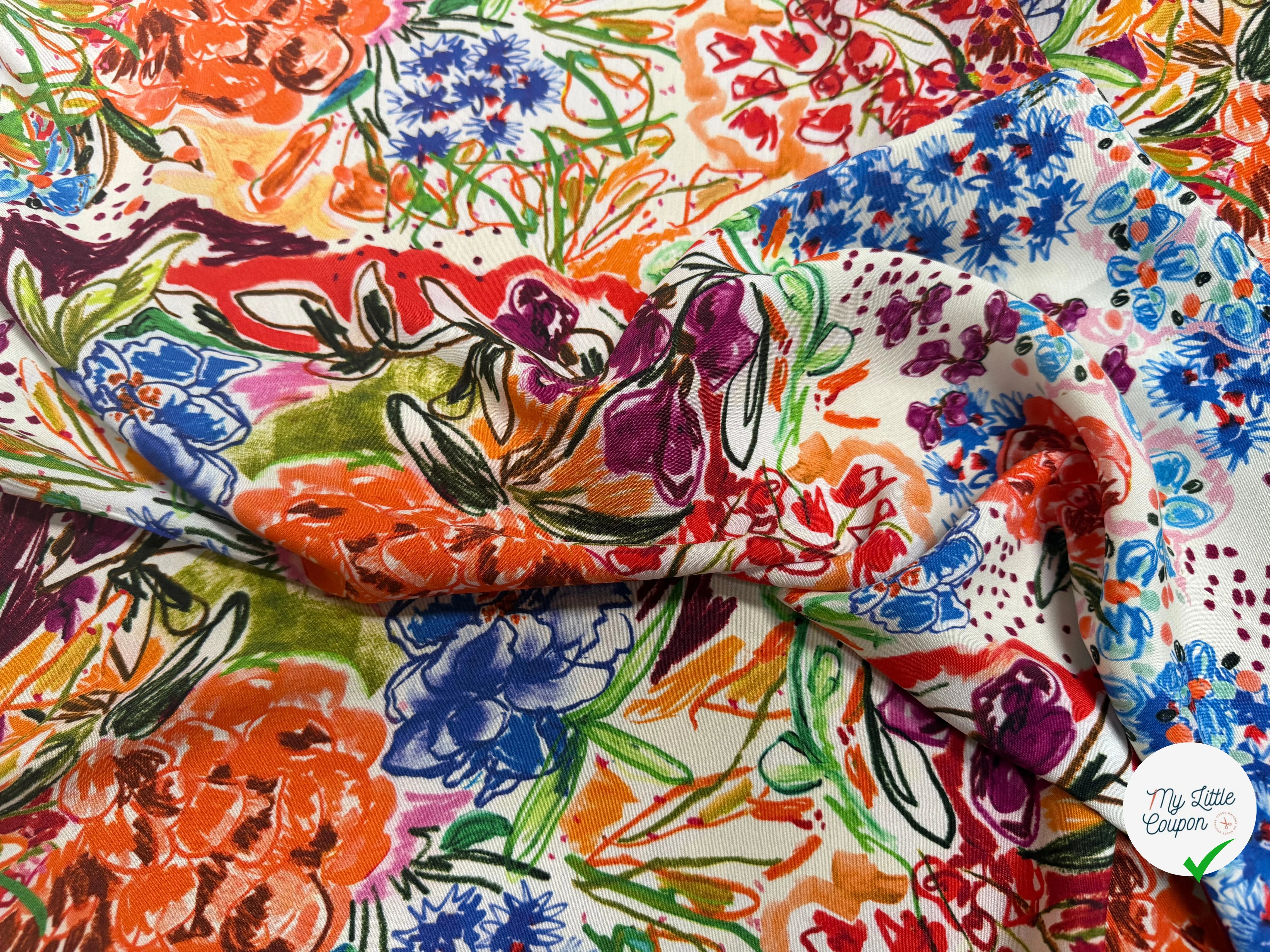 VISCOSE LÉGÈREMENT CREPÉE IMPRIMÉ FLORAL MULTICOLORE FANTASY GARDEN - My Little Coupon