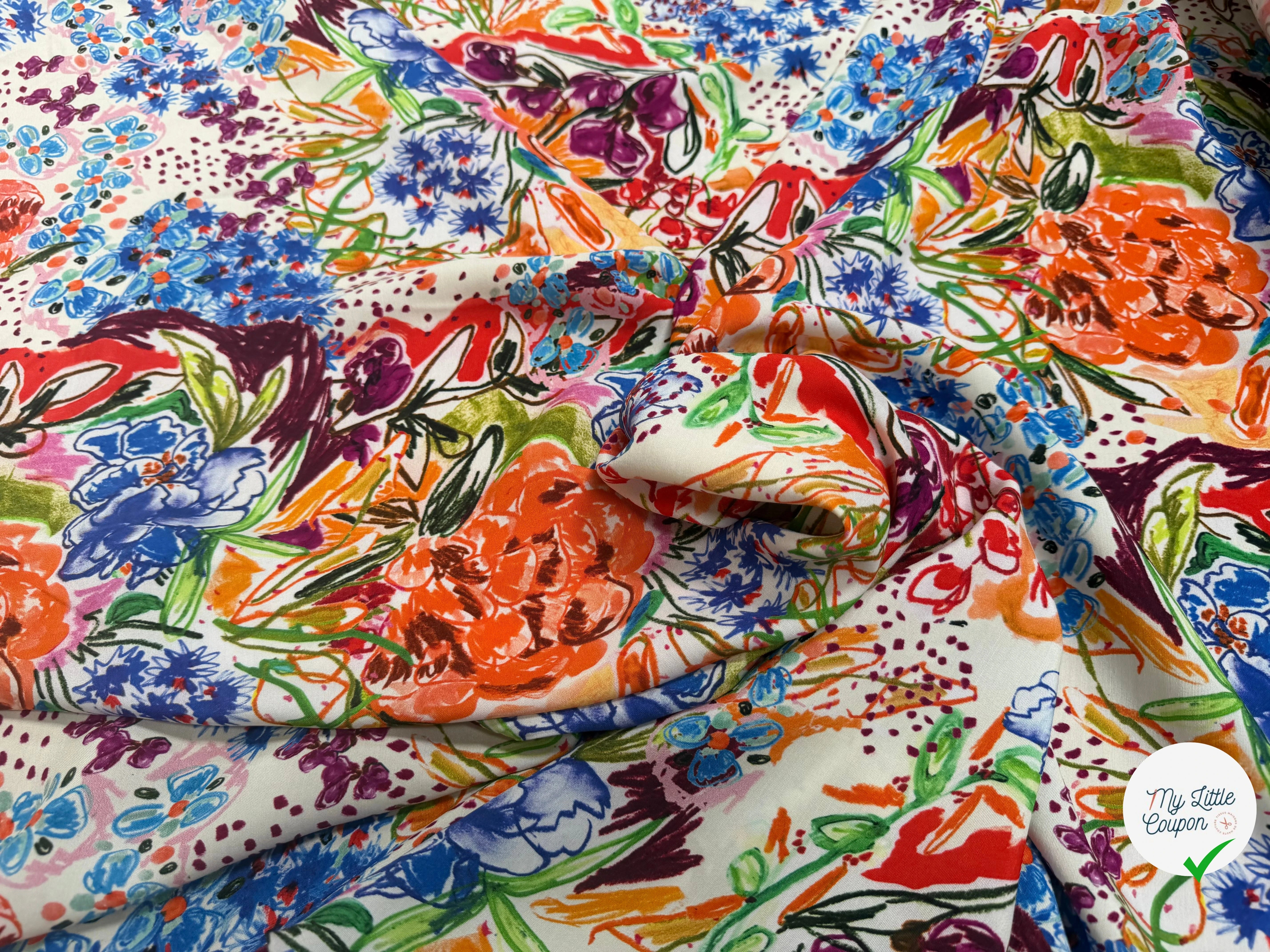 VISCOSE LÉGÈREMENT CREPÉE IMPRIMÉ FLORAL MULTICOLORE FANTASY GARDEN - My Little Coupon