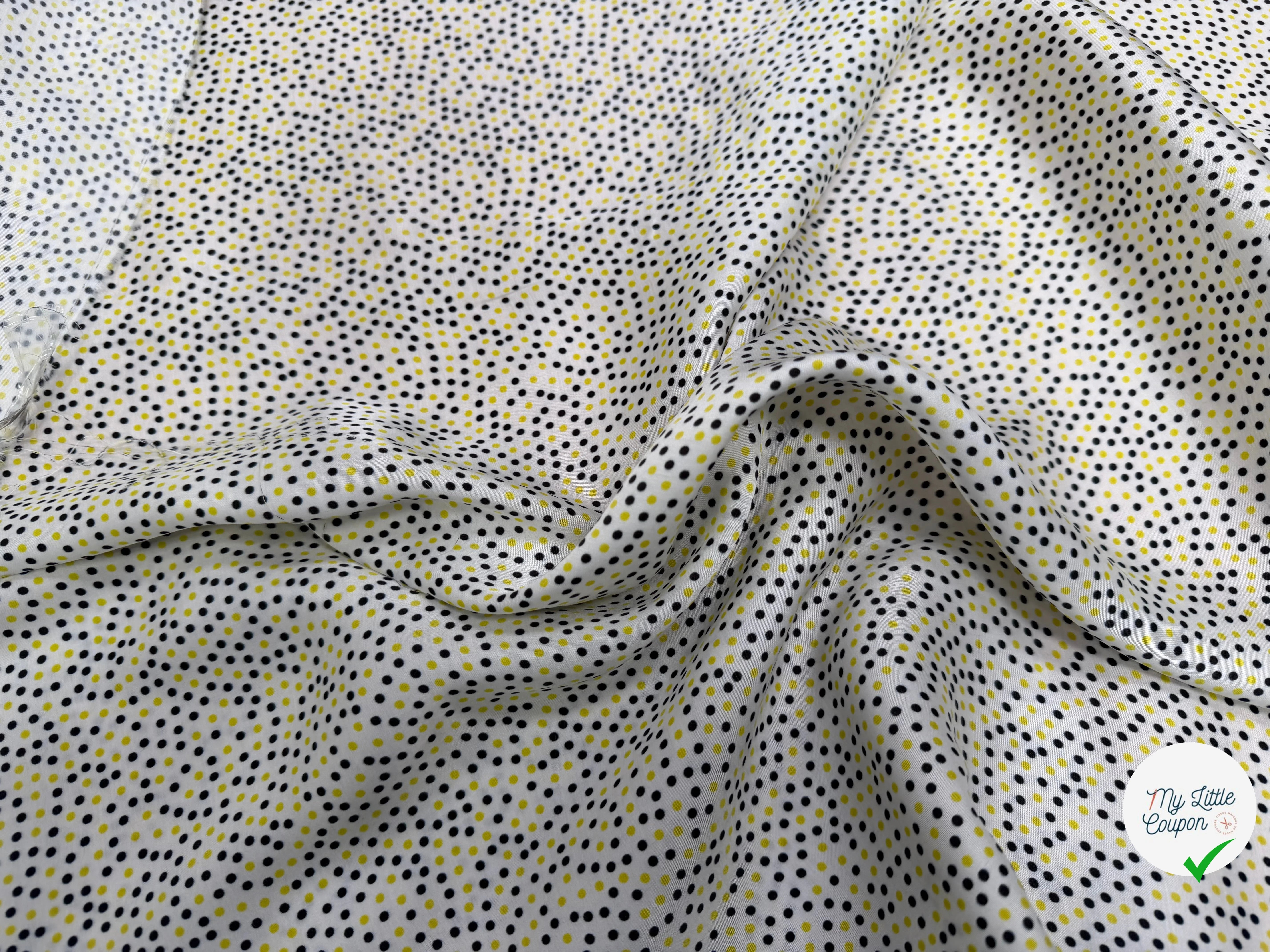 VISCOSE LEGREMENT SATINÉE FOND BLANC CERLES NOIR ET JAUNE QUALITÉ COMO - My Little Coupon