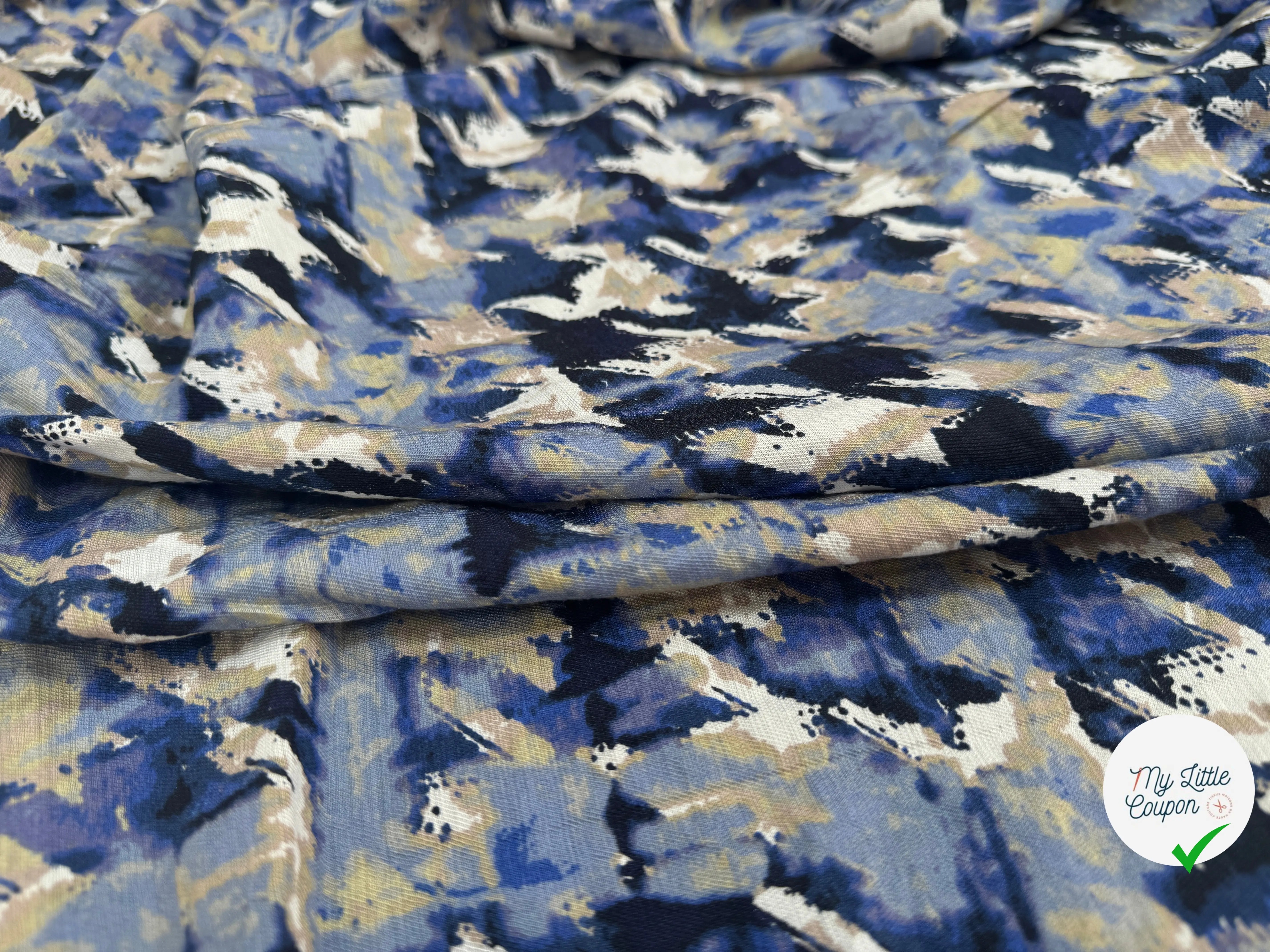 VISCOSE NYLON TWILL TISSU IMPRIMÉ ABSTRAIT BLEU MARINE - My Little Coupon