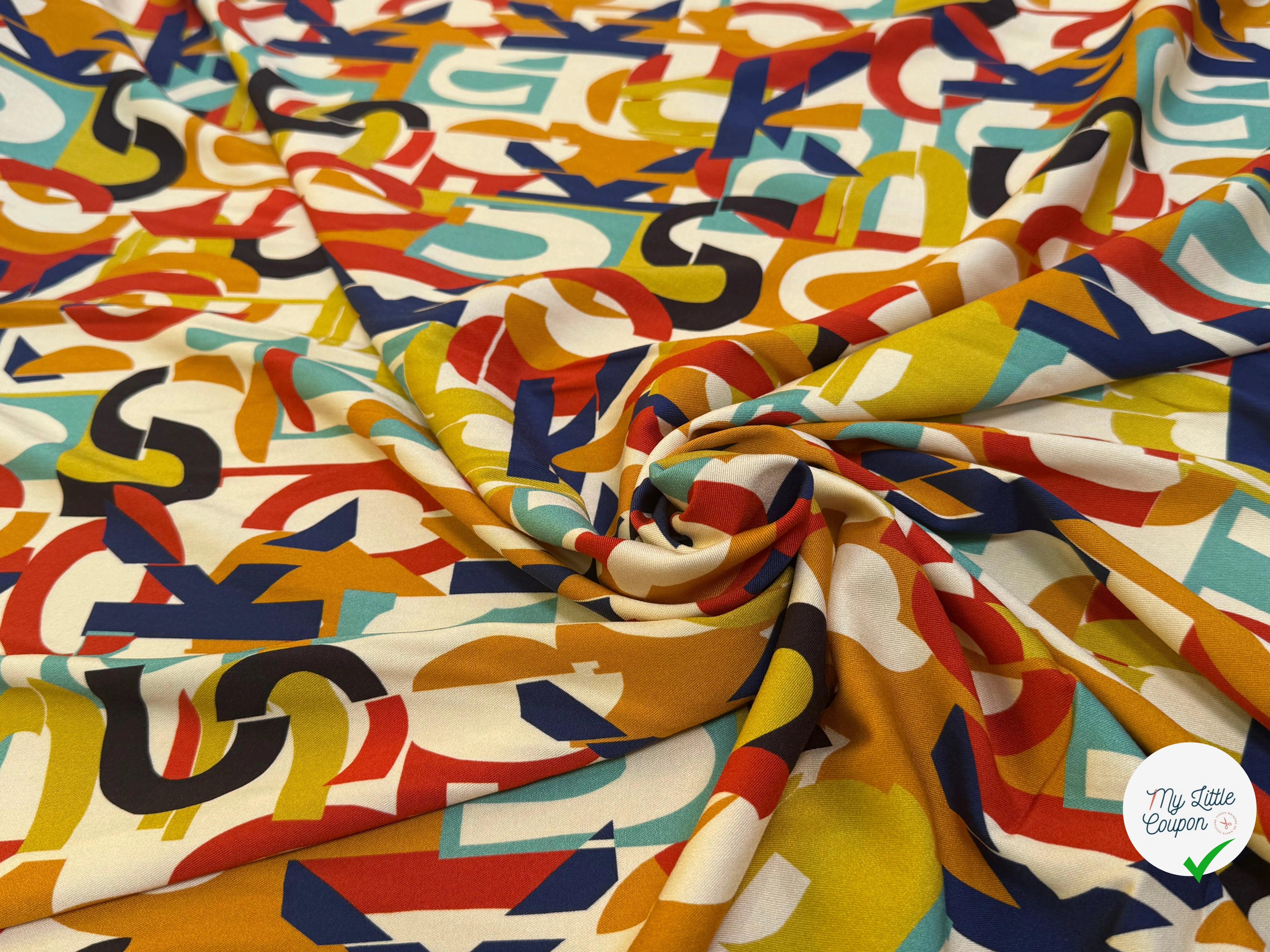 VISCOSE STRETCH IMPRIMÉ ALPHABET MULTICOLORES FANTASY - My Little Coupon