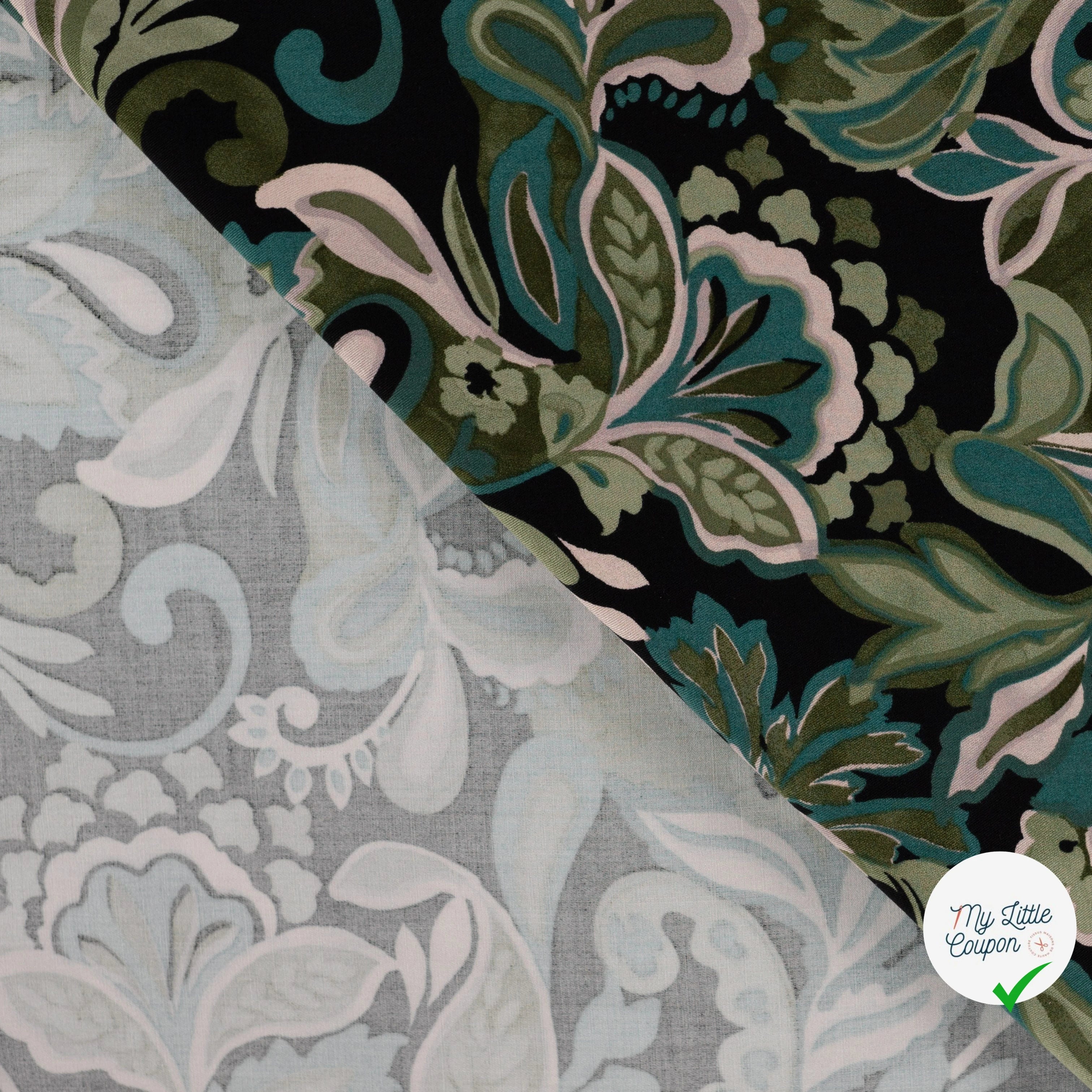 Viscose stretch imprimée feuilles turquoise - détail du motif