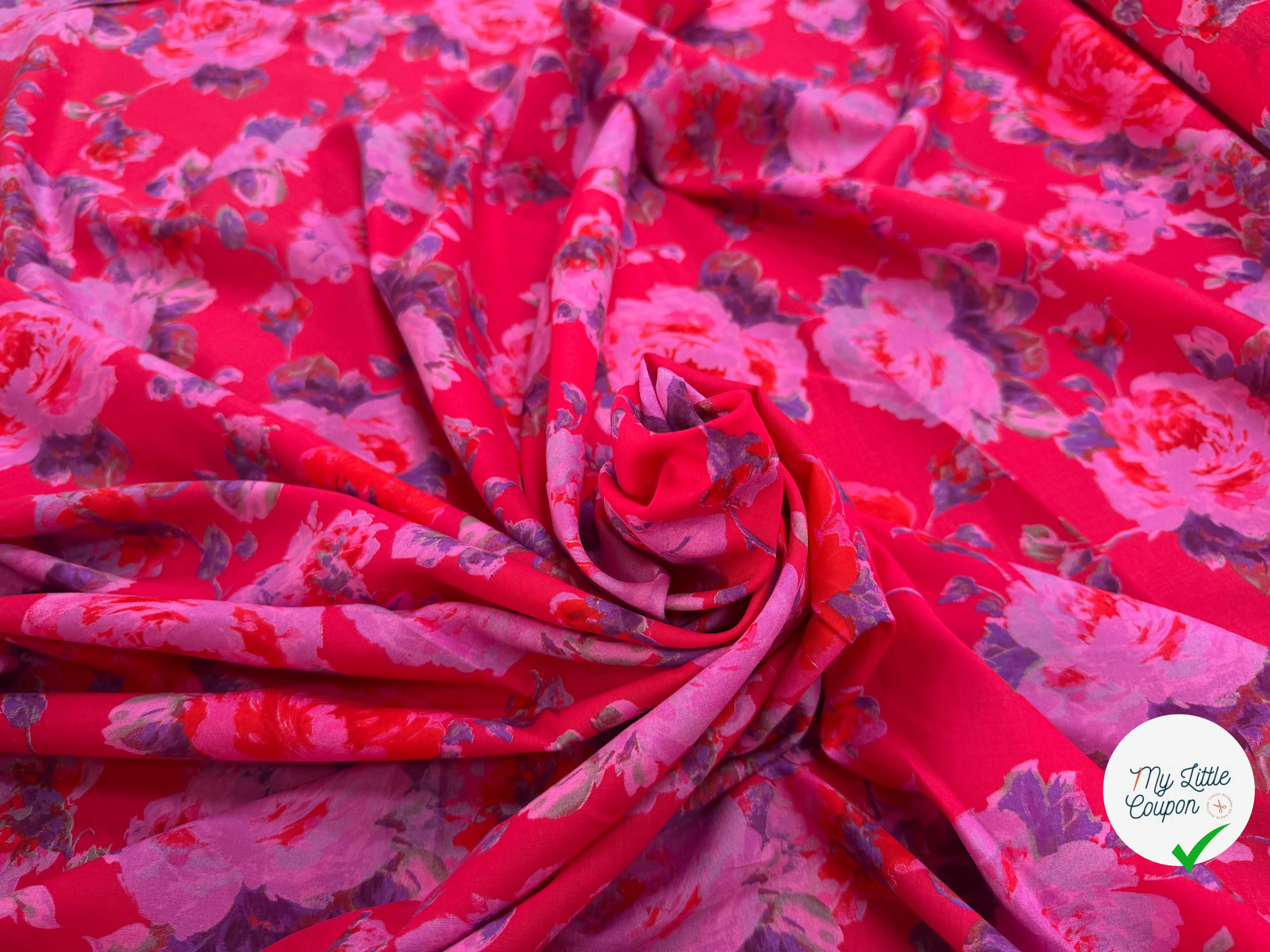 VOILE COTON ROUGE AVEC FLEURS VIOLET - My Little Coupon