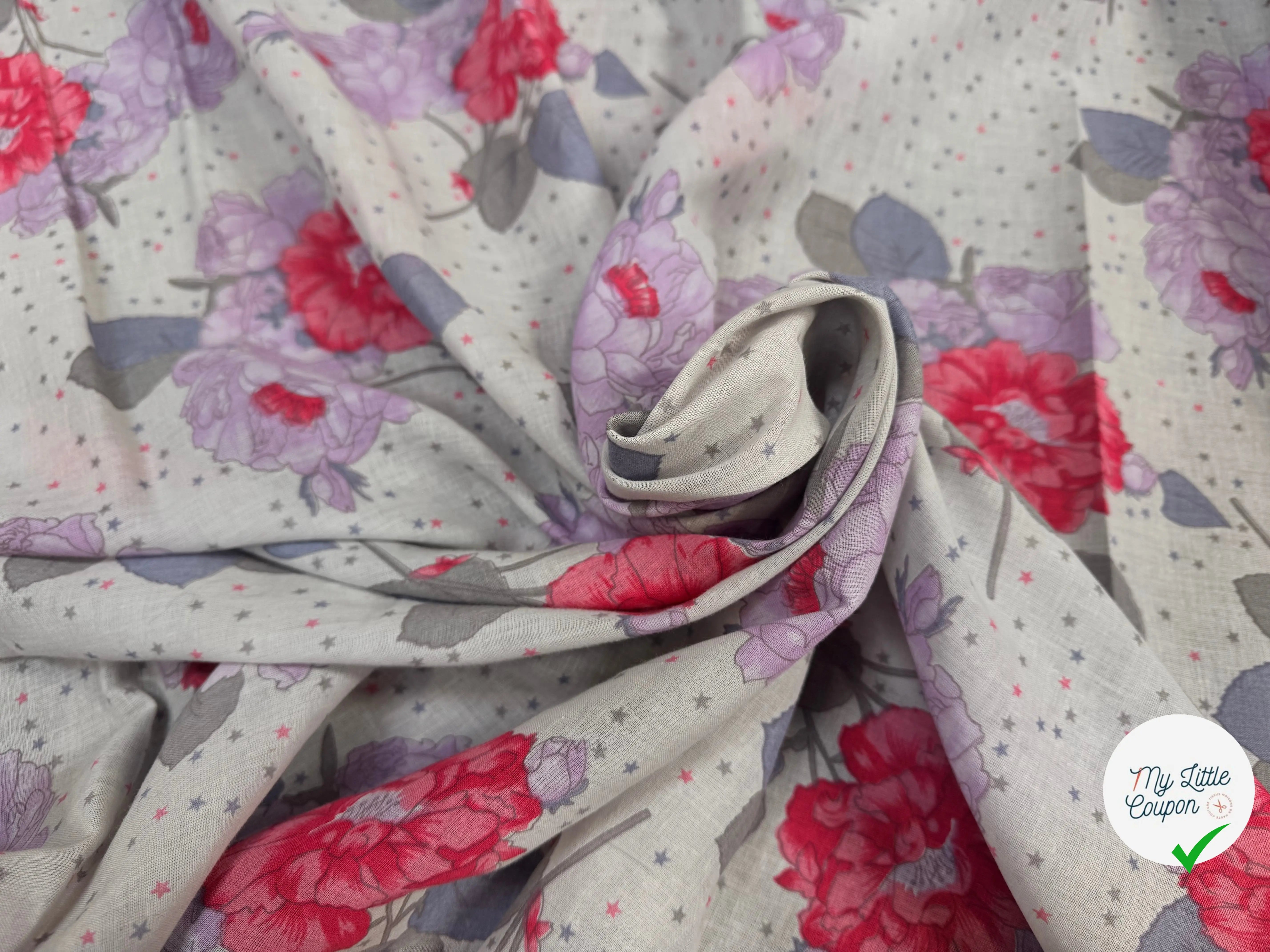 VOILE DE COTON FLEURS GREY PINK - My Little Coupon