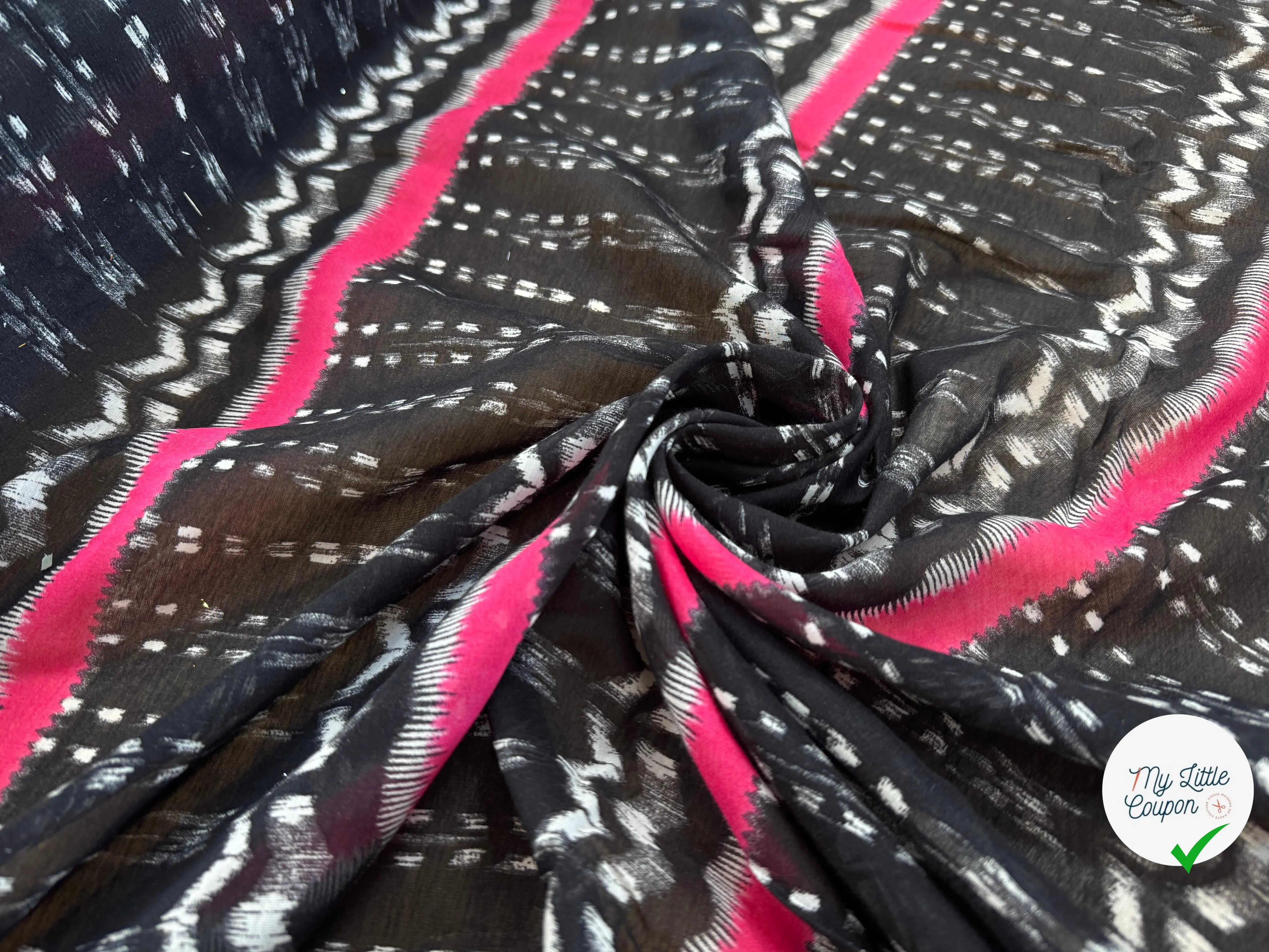 VOILE DE COTON FOND NOIR MOTIFS GÉOMÉTRIQUE ROSE ET BLANC - My Little Coupon