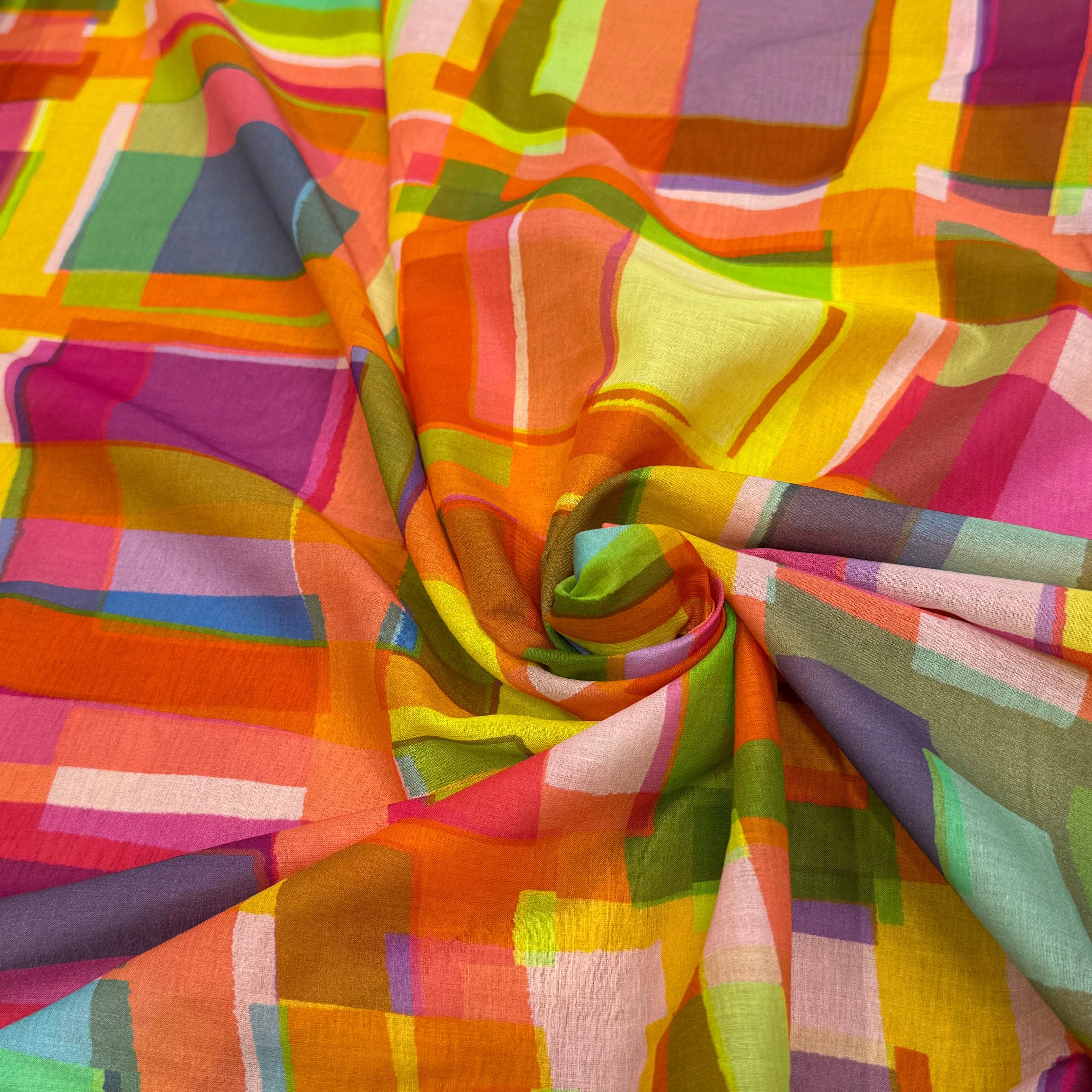 VOILE DE COTON LEGER PLEXI IMPRIMÉ CARREAUX MULTICOLORE - My Little Coupon