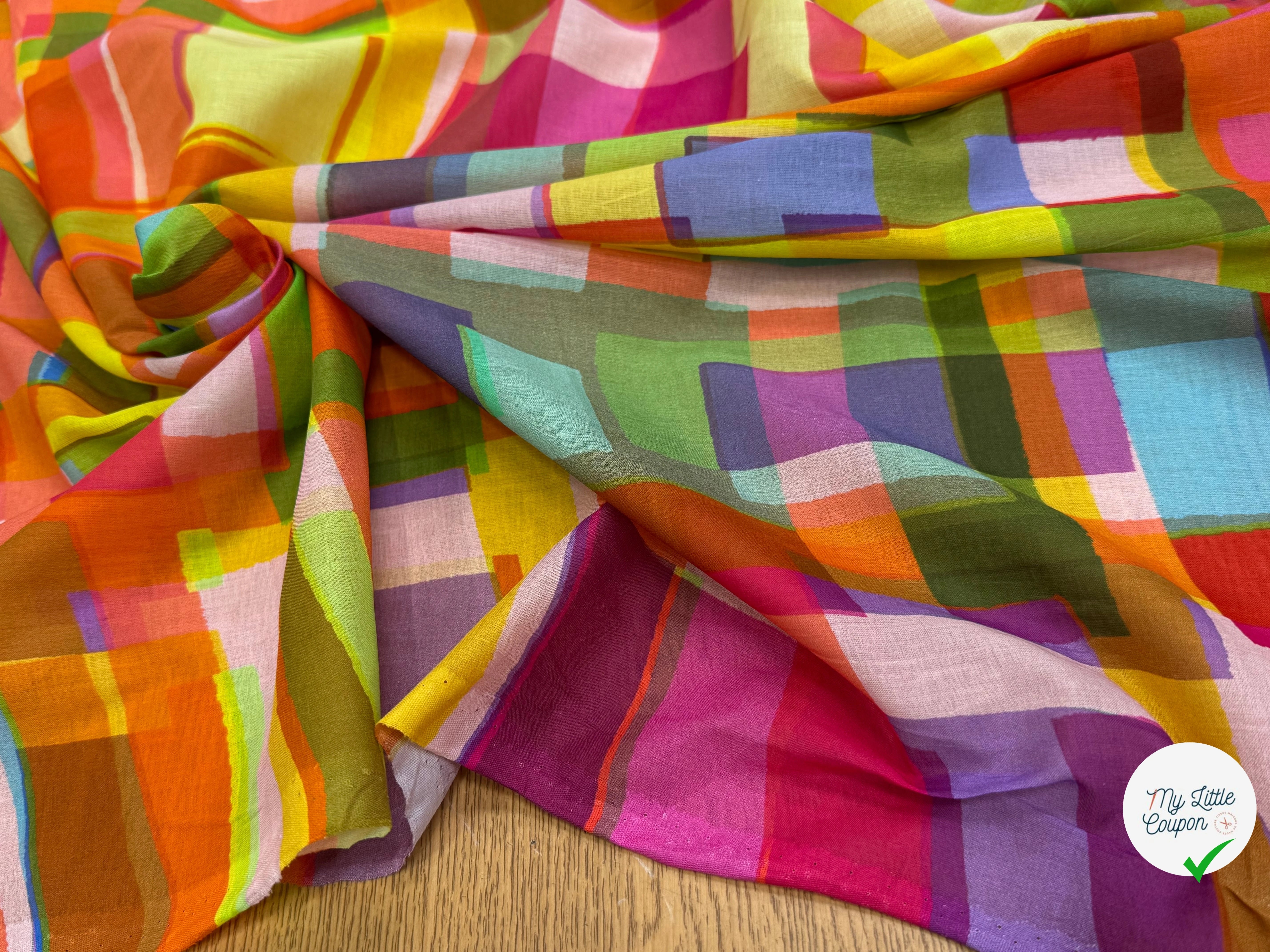 VOILE DE COTON LEGER PLEXI IMPRIMÉ CARREAUX MULTICOLORE - My Little Coupon