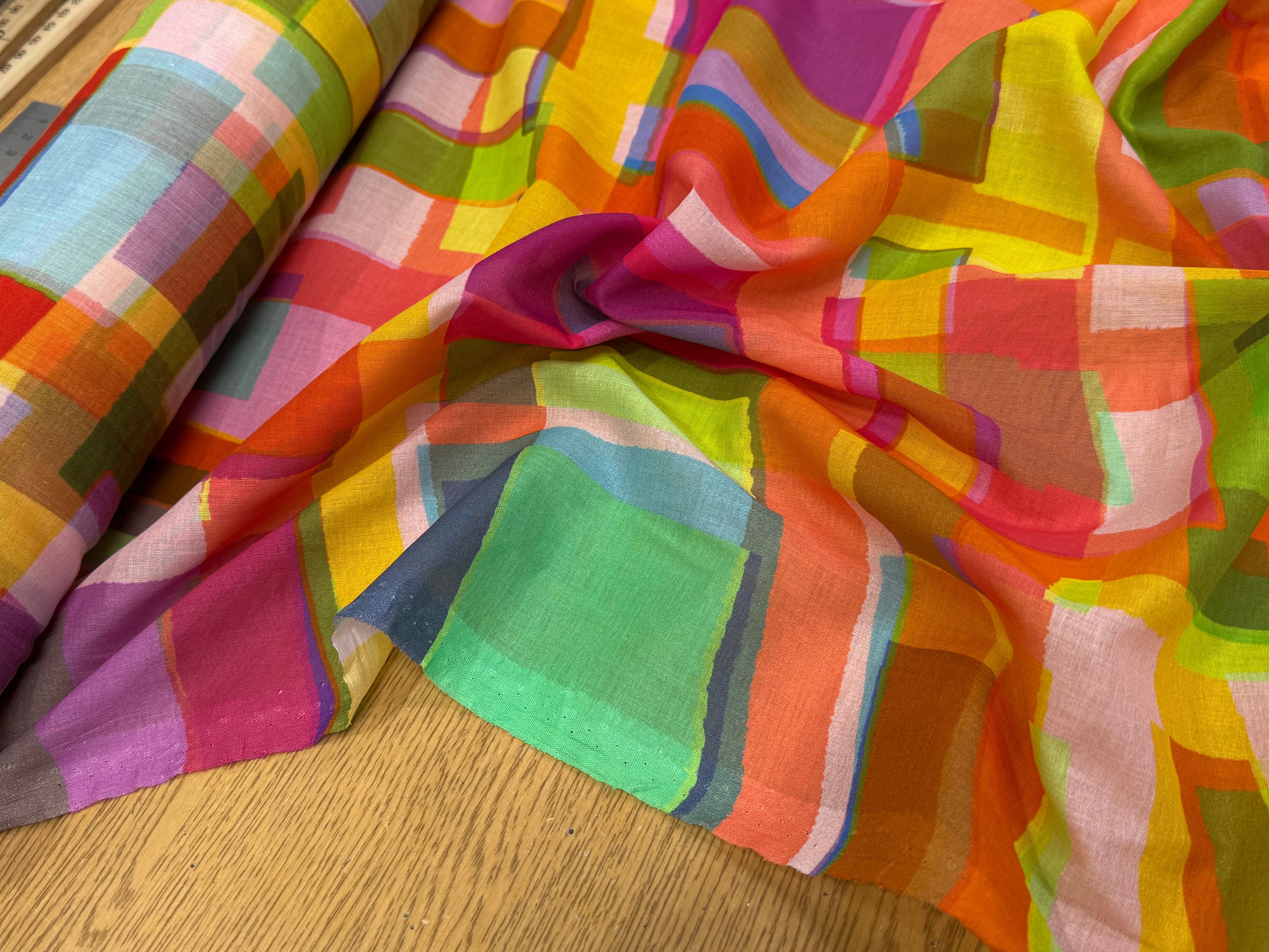 VOILE DE COTON LEGER PLEXI IMPRIMÉ CARREAUX MULTICOLORE - My Little Coupon