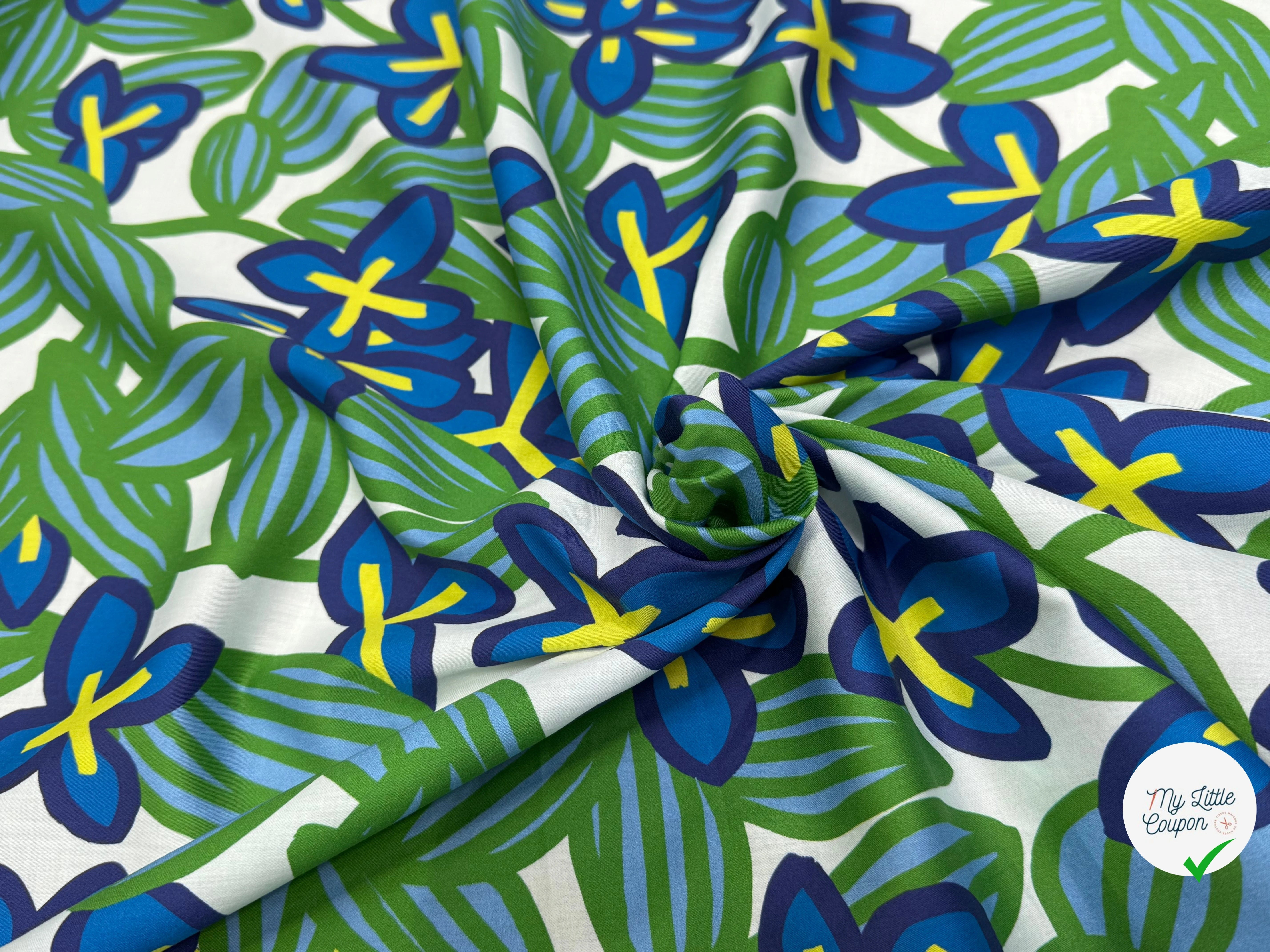 VOILE DE COTON NINFEA BOSQUET IMPRIMÉ FLORAL VERT/BLEU - My Little Coupon