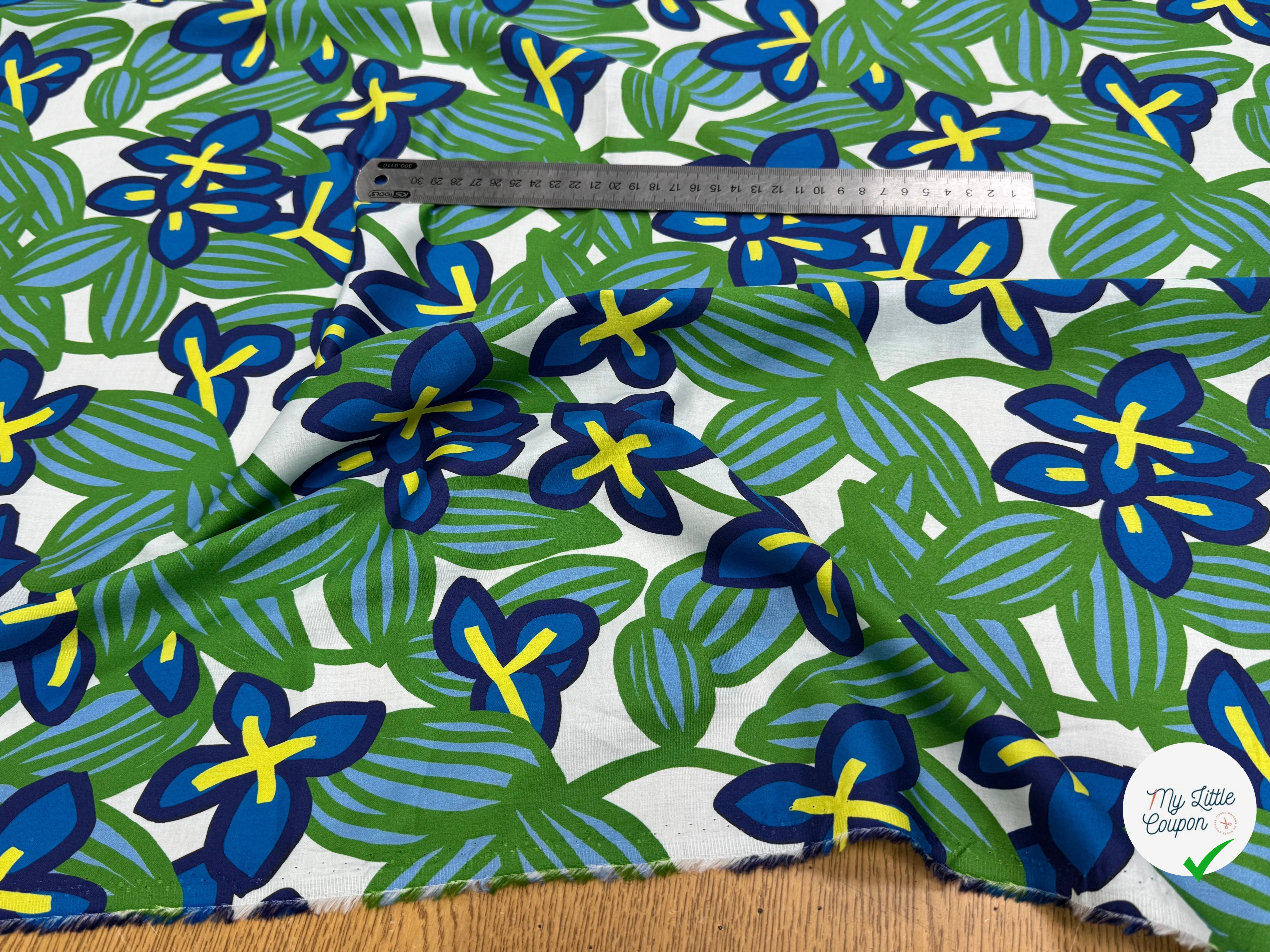 VOILE DE COTON NINFEA BOSQUET IMPRIMÉ FLORAL VERT/BLEU - My Little Coupon