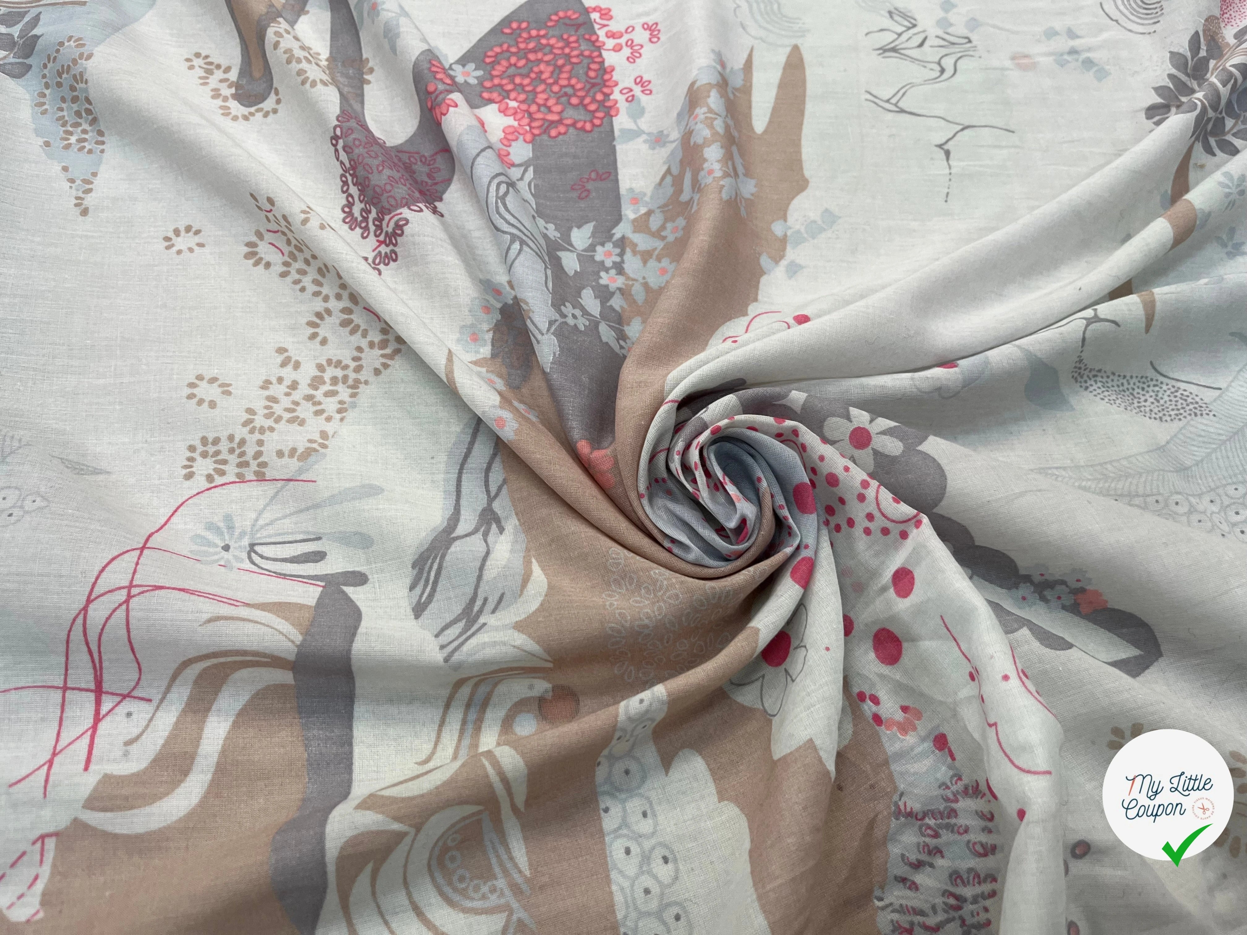 VOILE DE COTON ROSACE FLORALE MULTICOLORE FOND GRIS - My Little Coupon