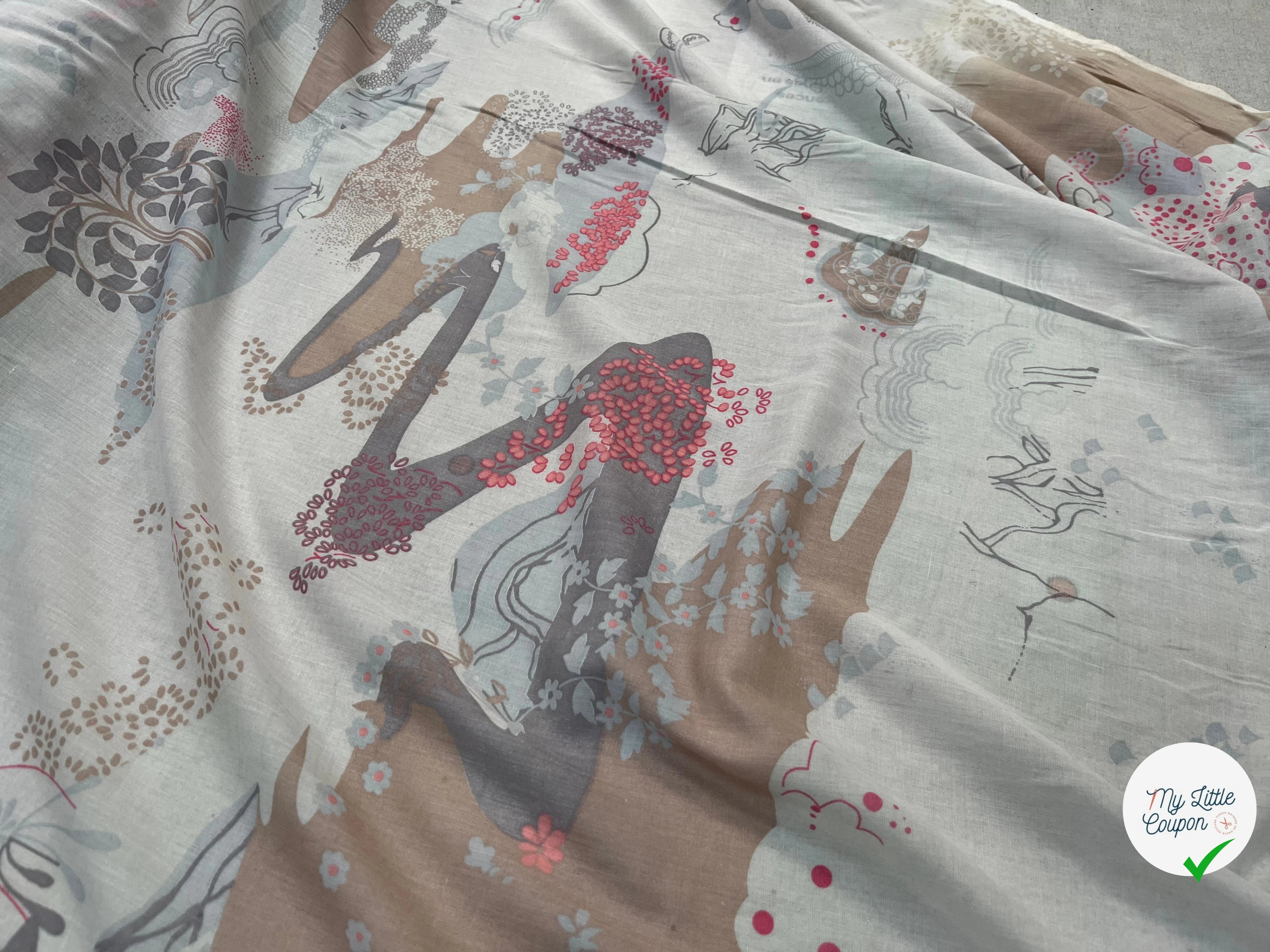 VOILE DE COTON ROSACE FLORALE MULTICOLORE FOND GRIS - My Little Coupon