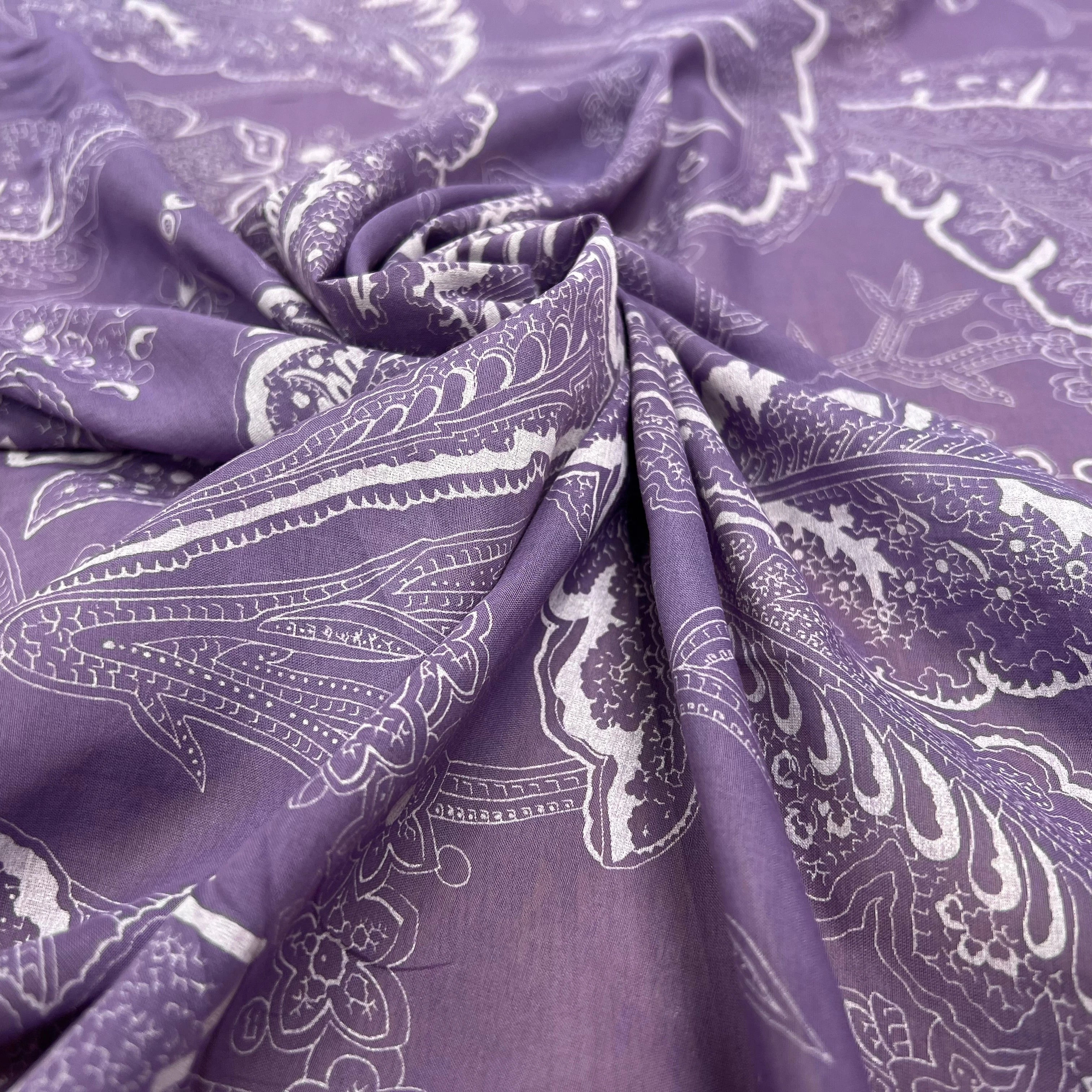 VOILE DE COTON VIOLET MOTIF FEUILLE BLANCHE - My Little Coupon