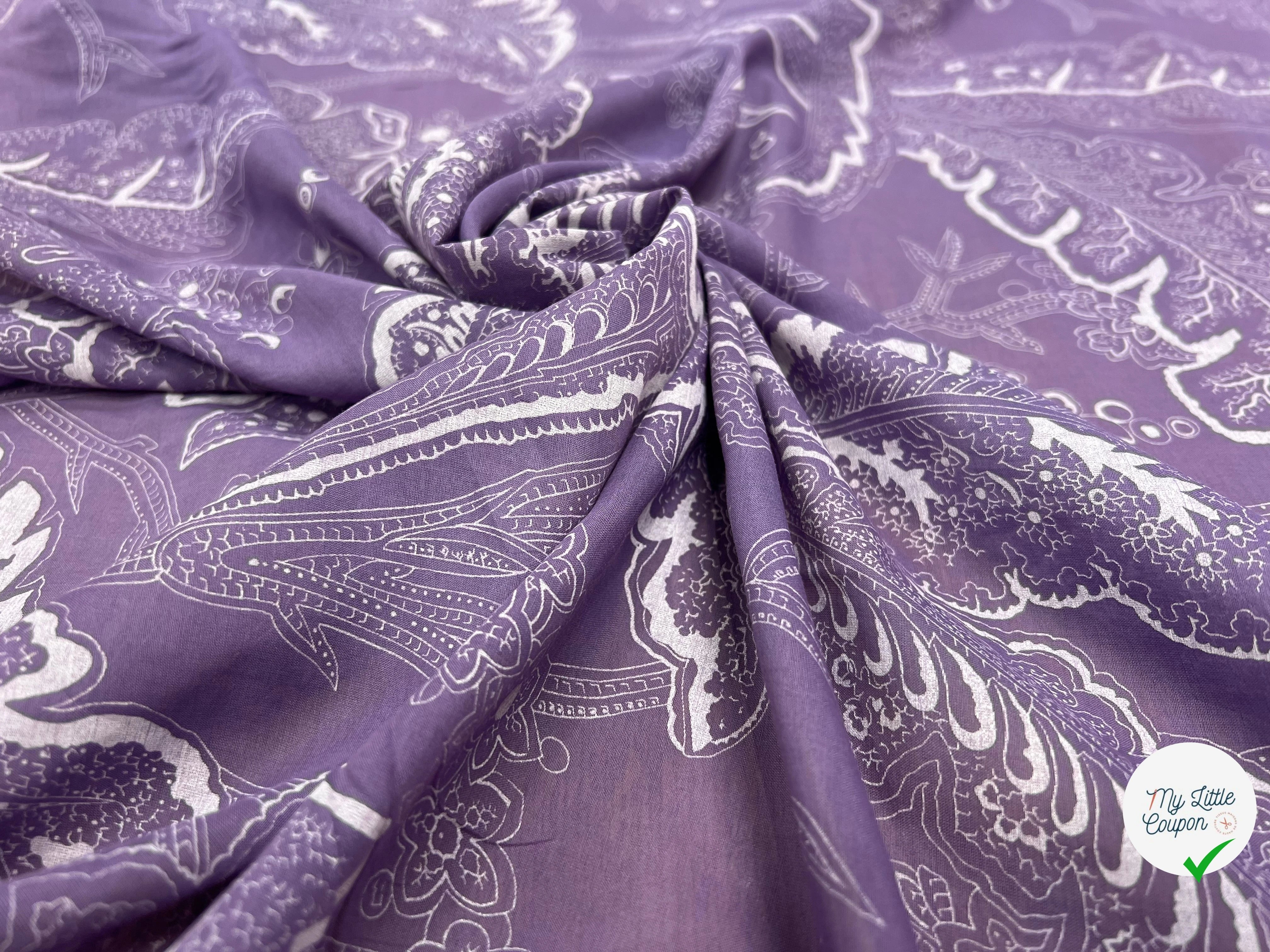 VOILE DE COTON VIOLET MOTIF FEUILLE BLANCHE - My Little Coupon