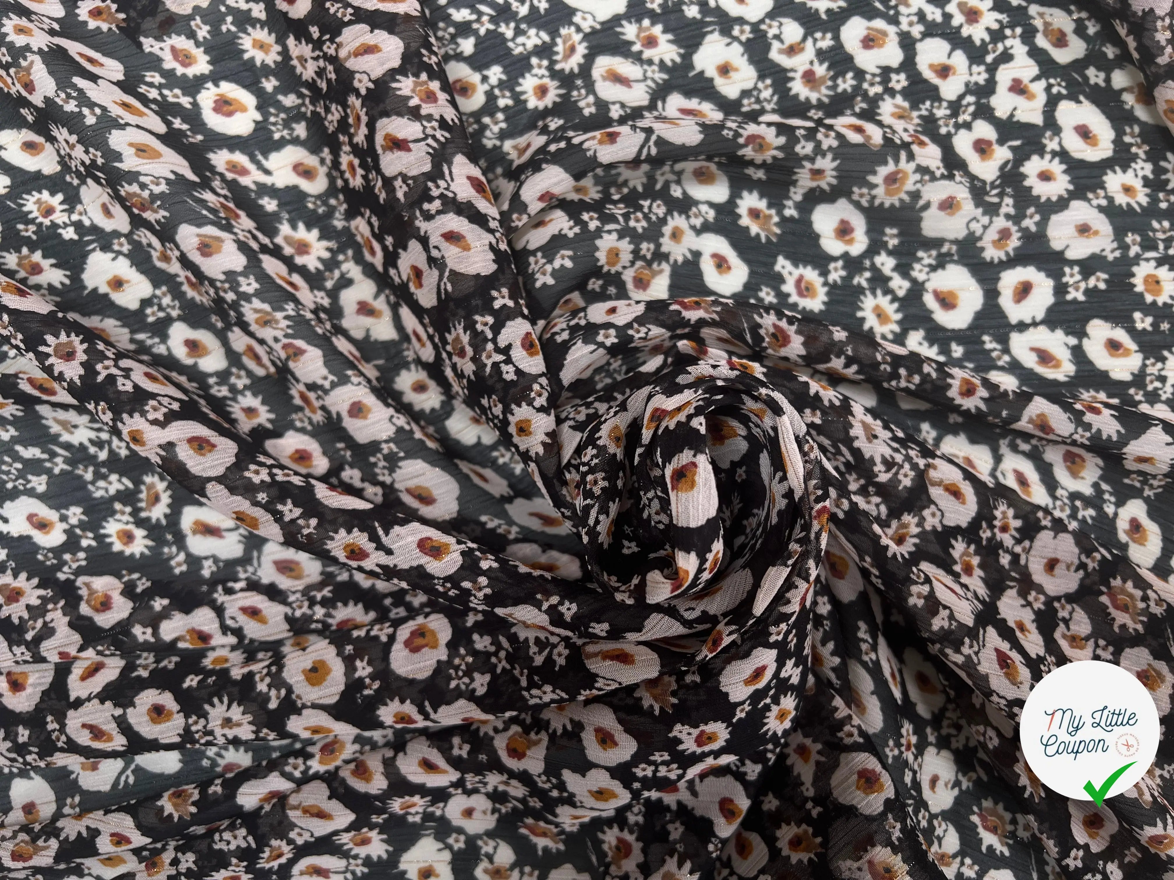 VOILE LUREX TESSUTO 100%PL FOND NOIR PETITES FLEURS BLANC - My Little Coupon