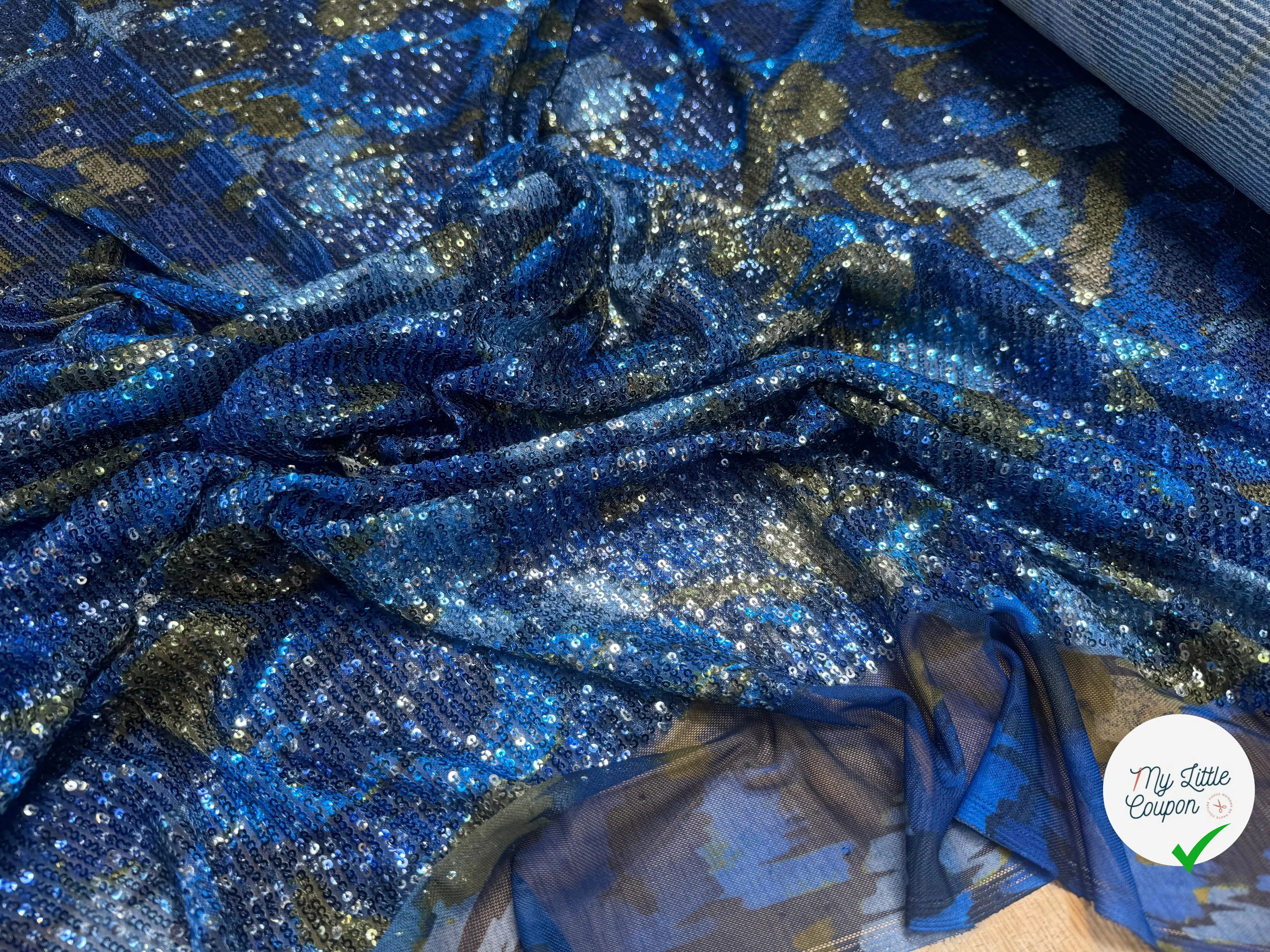 SEQUIN FOND BLEU FEUILLES GOLD & BLEU 5% EA - My Little Coupon