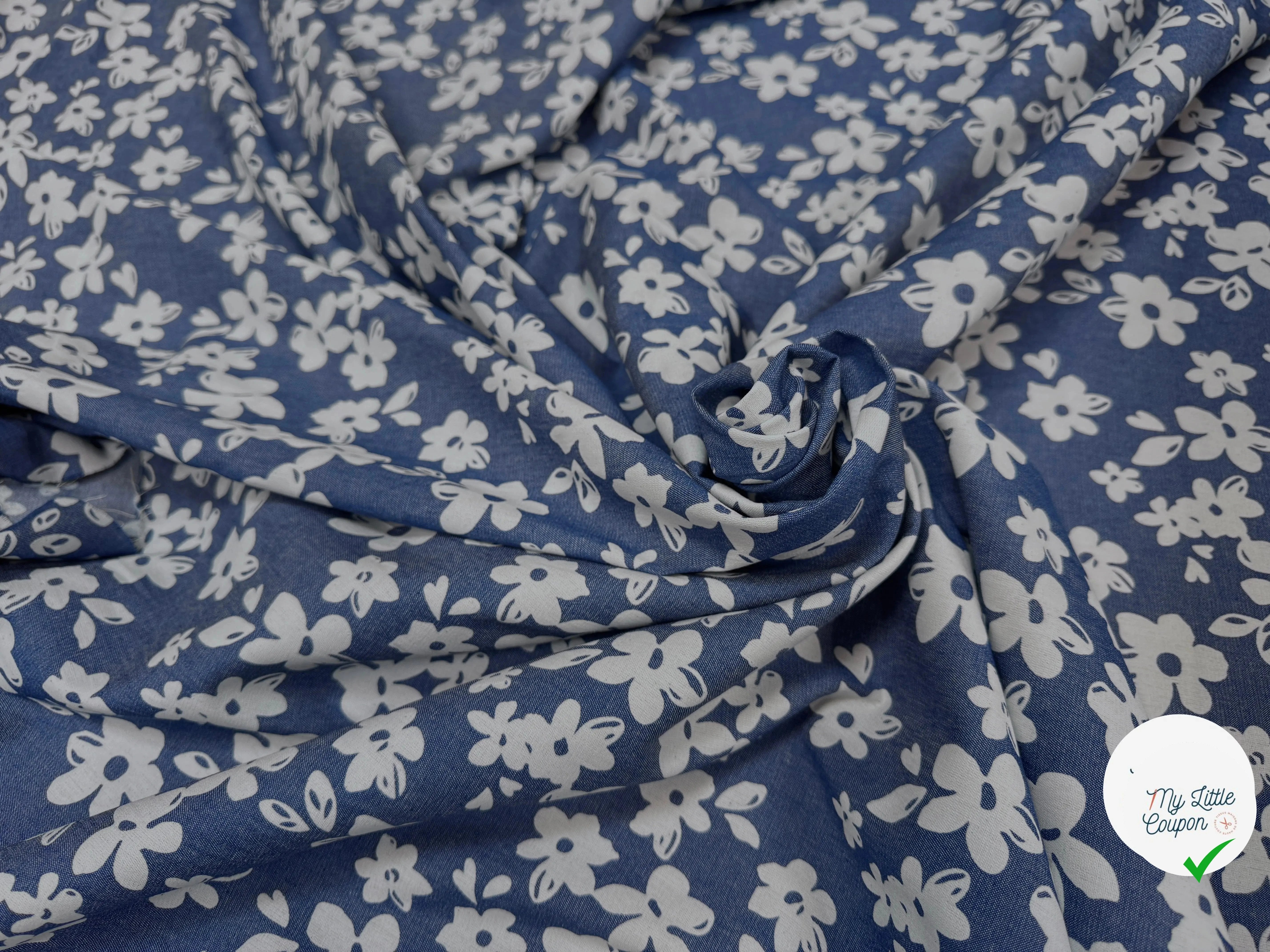TOILE COTON FINE FAÇON DENIM FONCÉ FLOWER - My Little Coupon