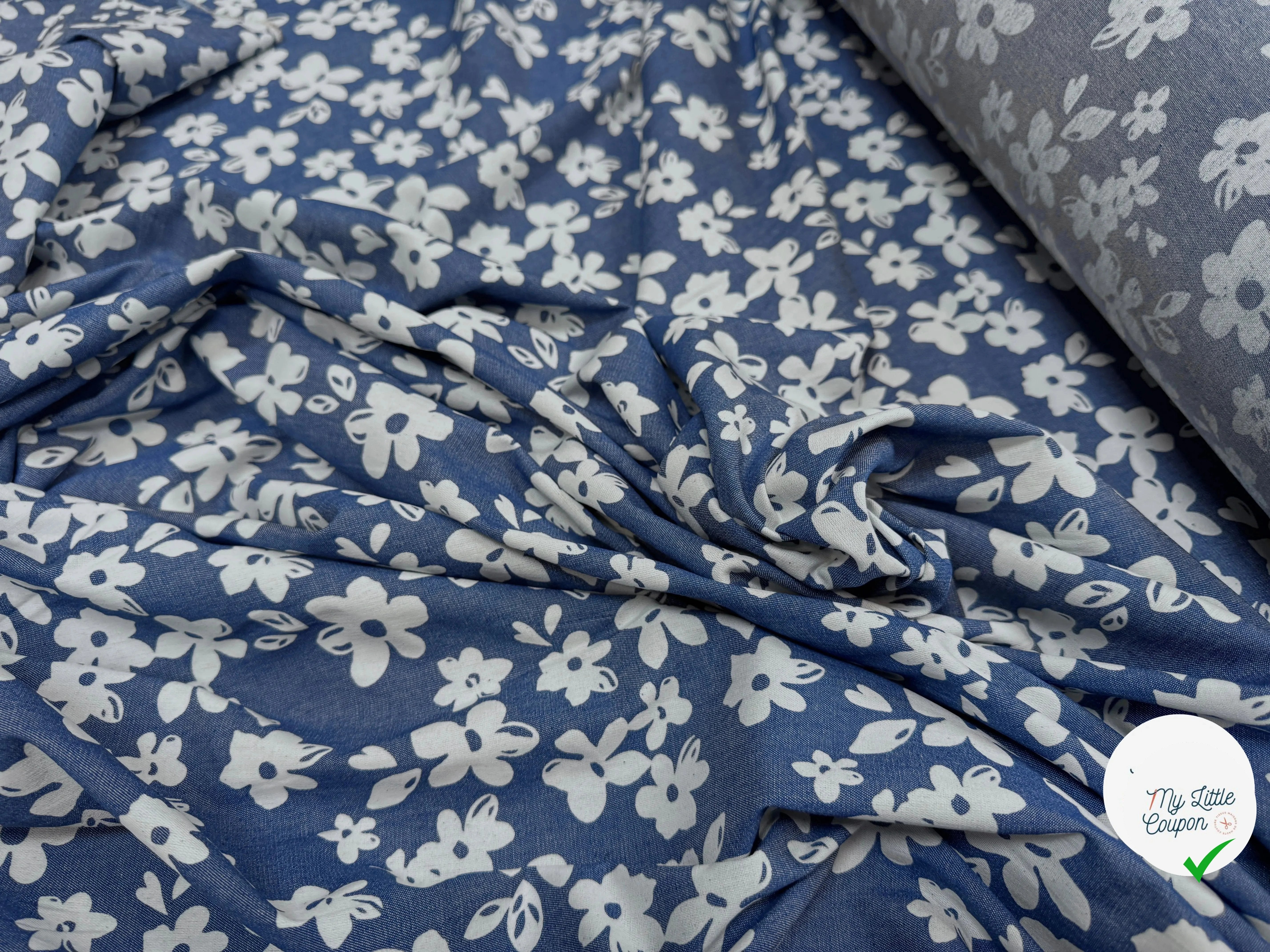 TOILE COTON FINE FAÇON DENIM FONCÉ FLOWER - My Little Coupon