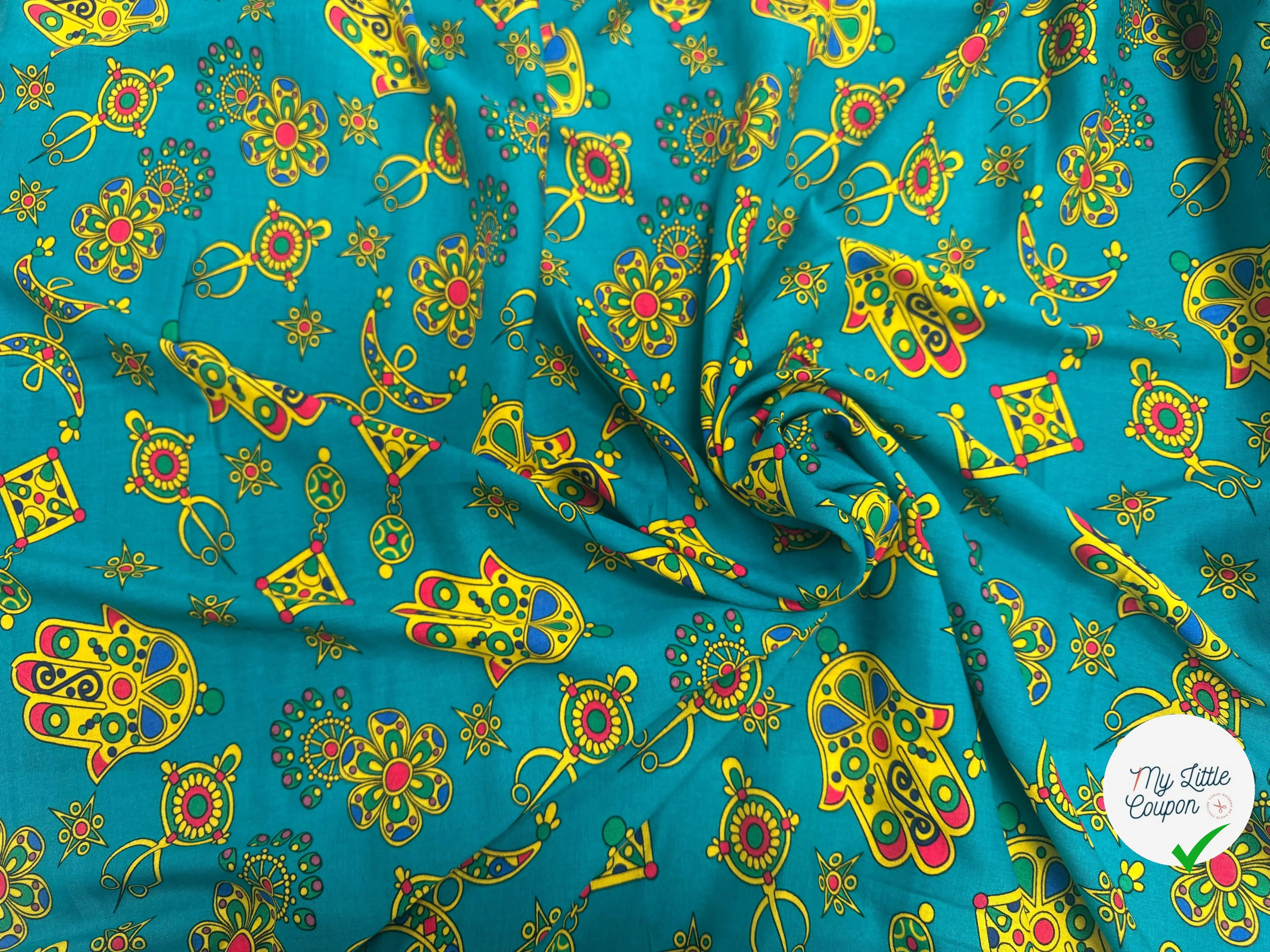 VISCOSE ARLEQUIN AVEC MOTIFS MAINS FOND EMEURAUDE - My Little Coupon