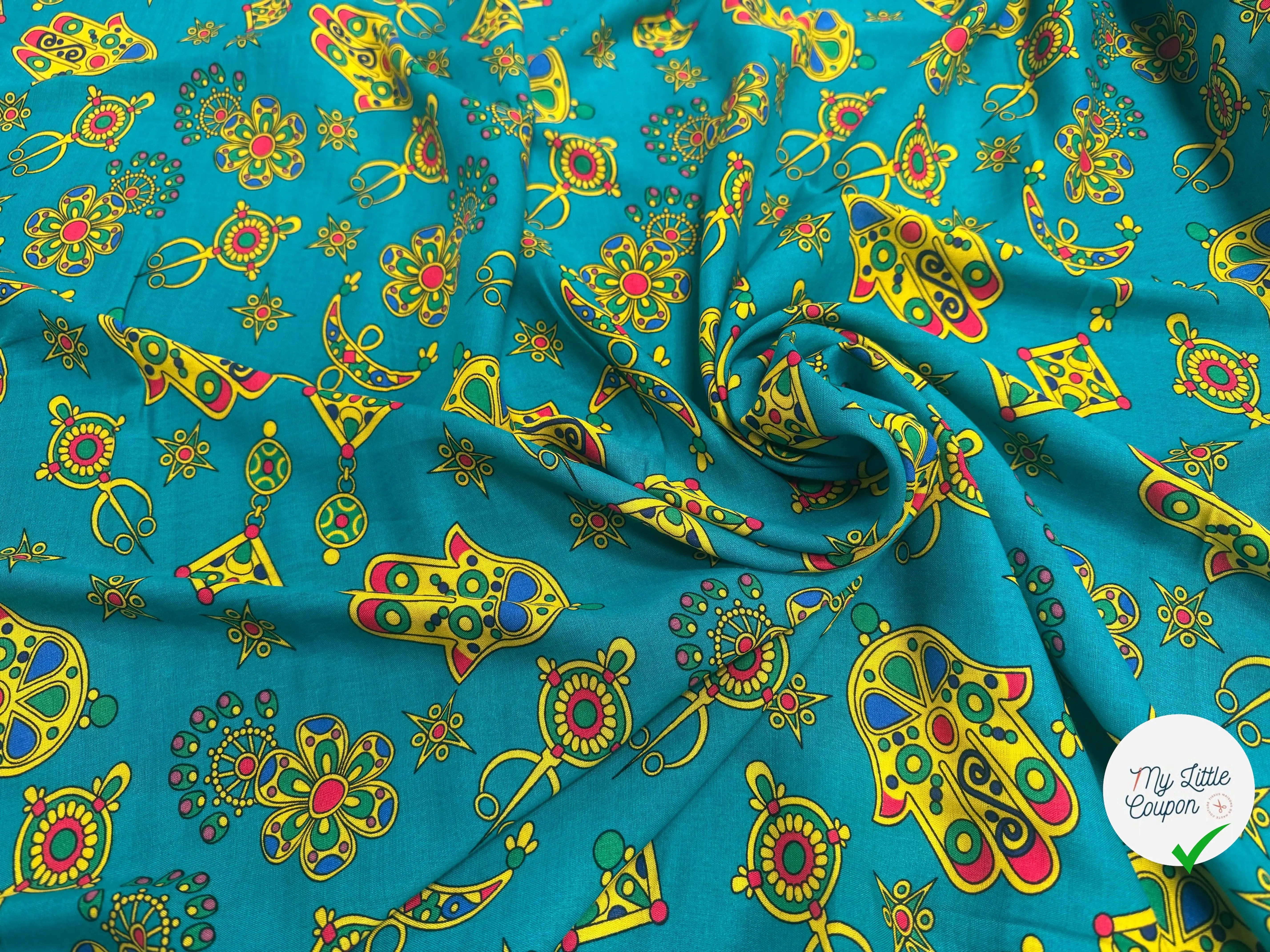 VISCOSE ARLEQUIN AVEC MOTIFS MAINS FOND EMEURAUDE - My Little Coupon