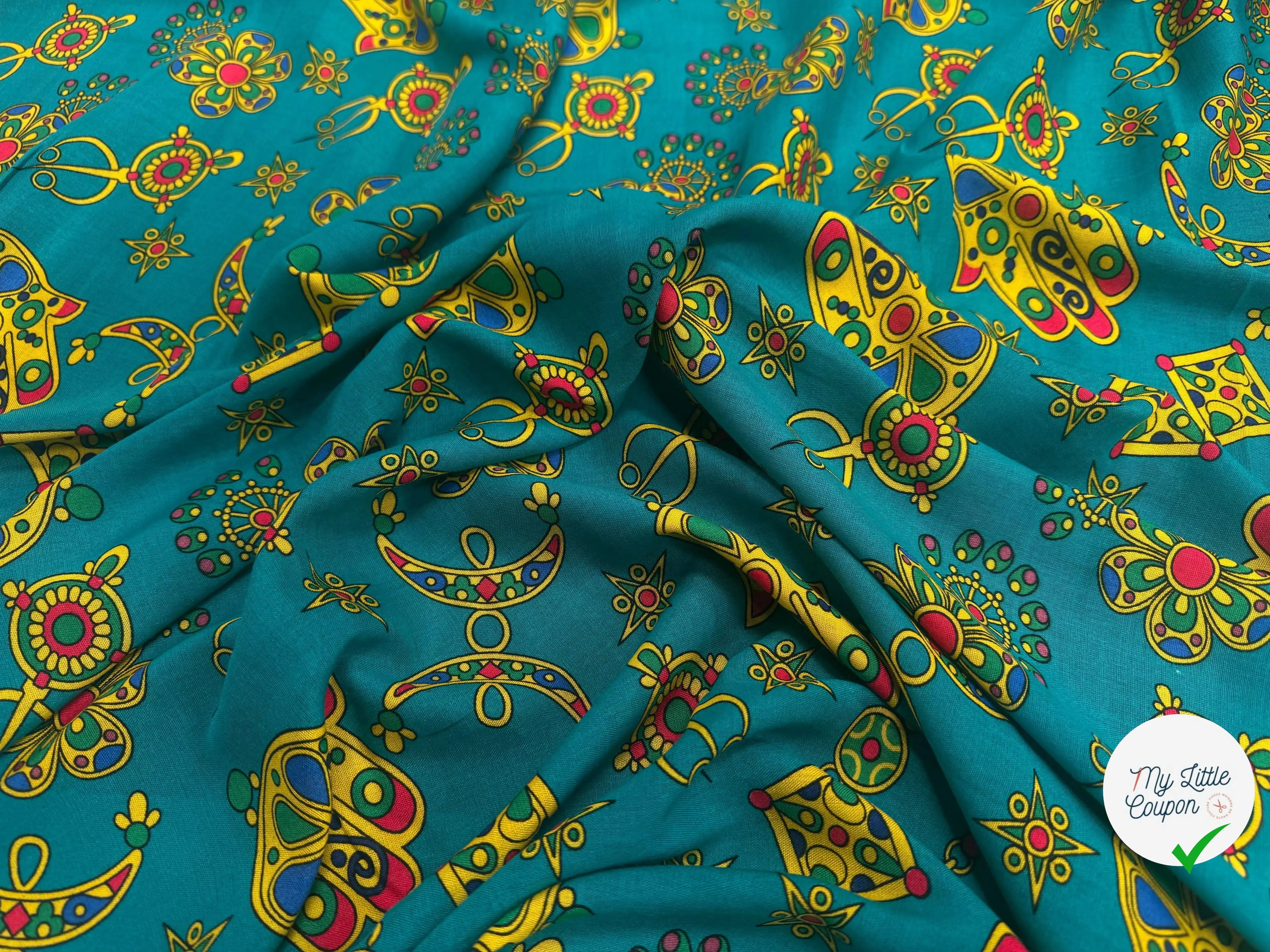 VISCOSE ARLEQUIN AVEC MOTIFS MAINS FOND EMEURAUDE - My Little Coupon
