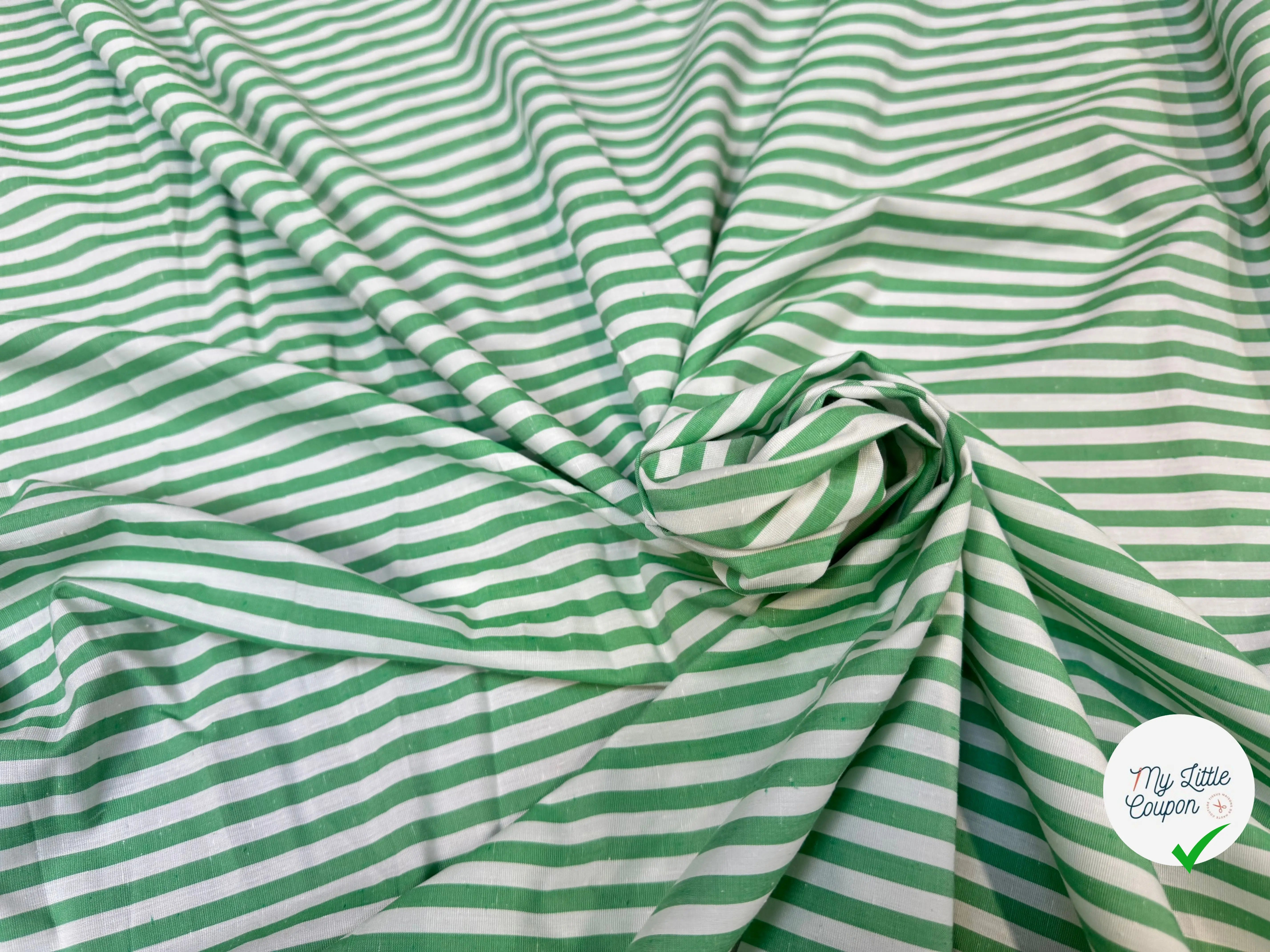 (chute)POPELINE DE COTON TEXTURÉE RAYURES VERTES ET BLANCHES - My Little Coupon