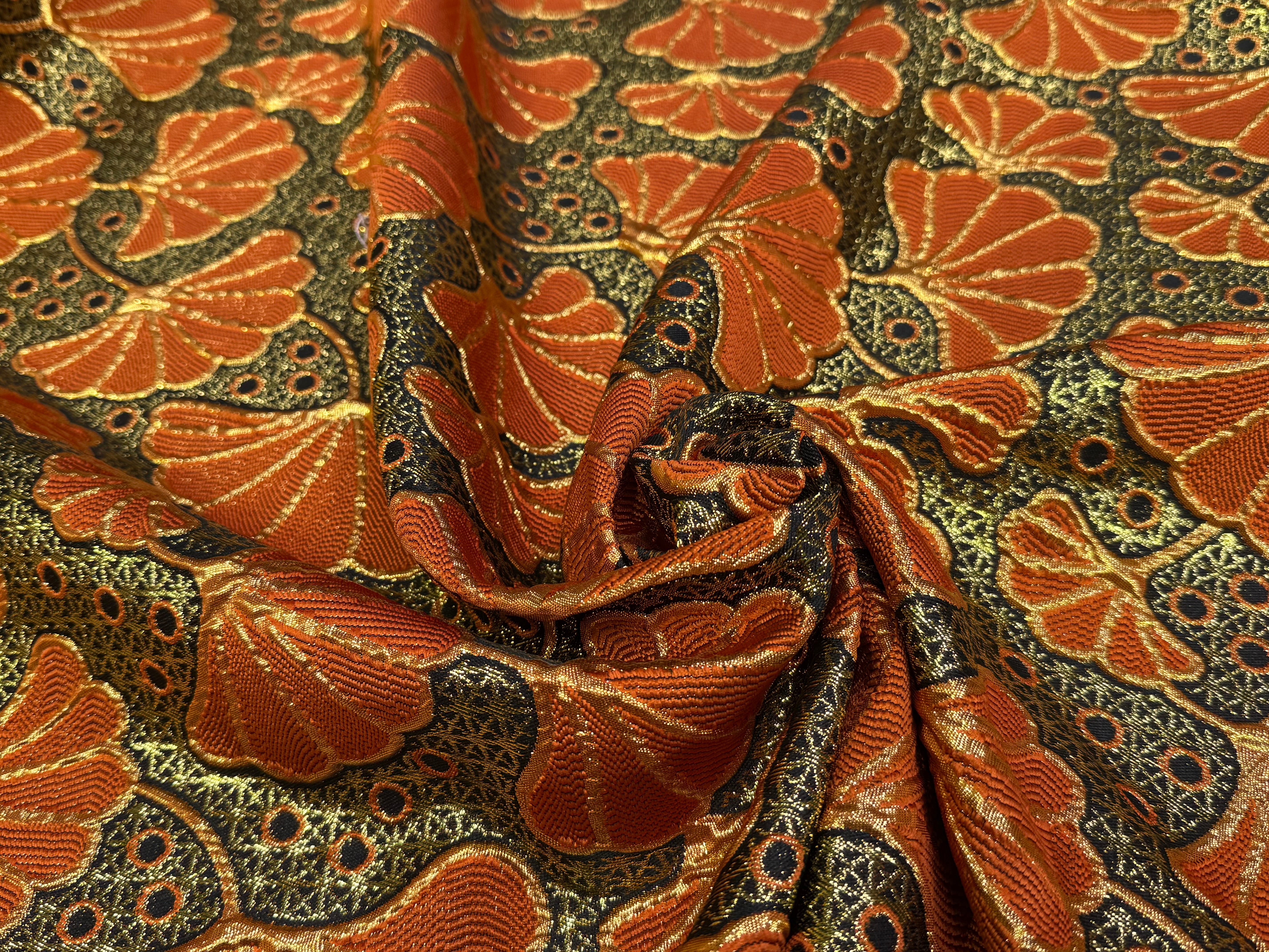 BROCART ARGENTÉ FEUILLAGES ORANGE GOLD - My Little Coupon